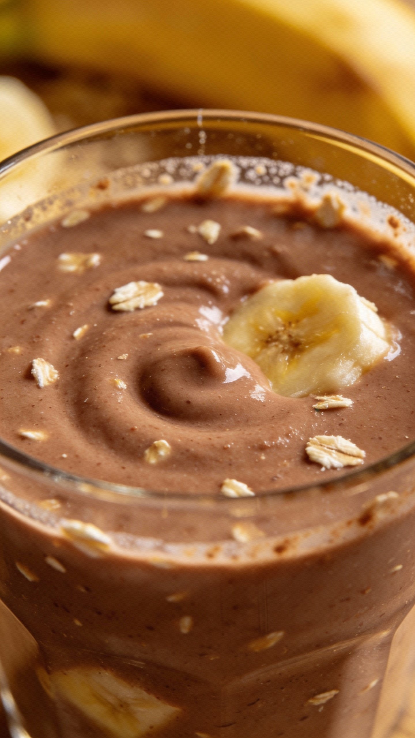 Thick chocolate banana oat smoothie in clear glass, closeup
