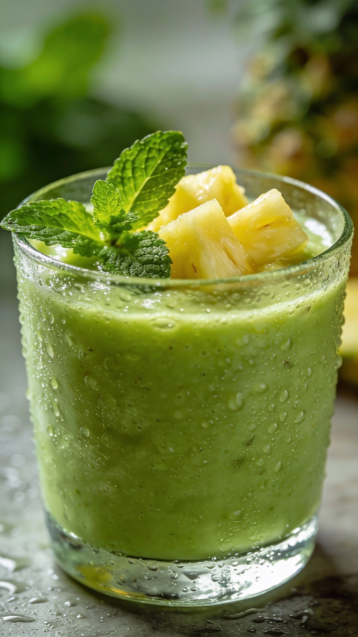 closeup tropical green smoothie in clear glass, condensation