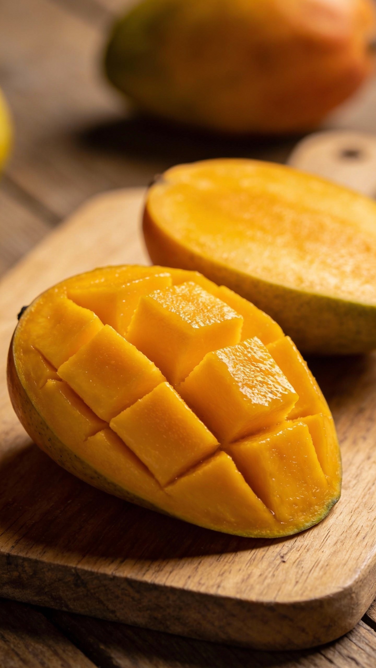 ripe mango half on cutting board, vivid yellow flesh