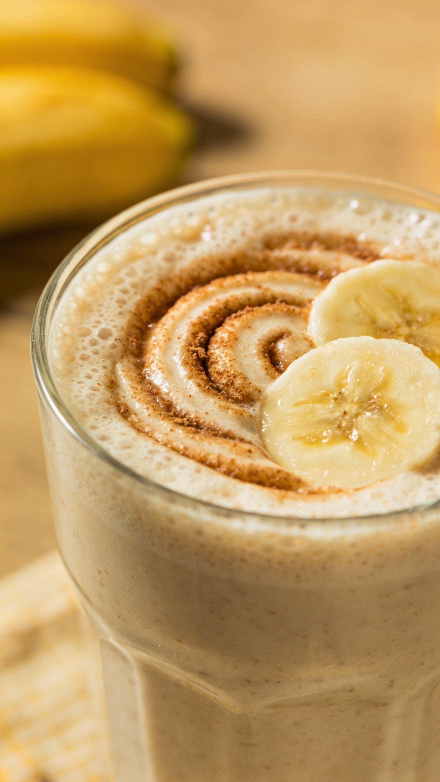 closeup of banana cinnamon roll breakfast smoothie in clear glass