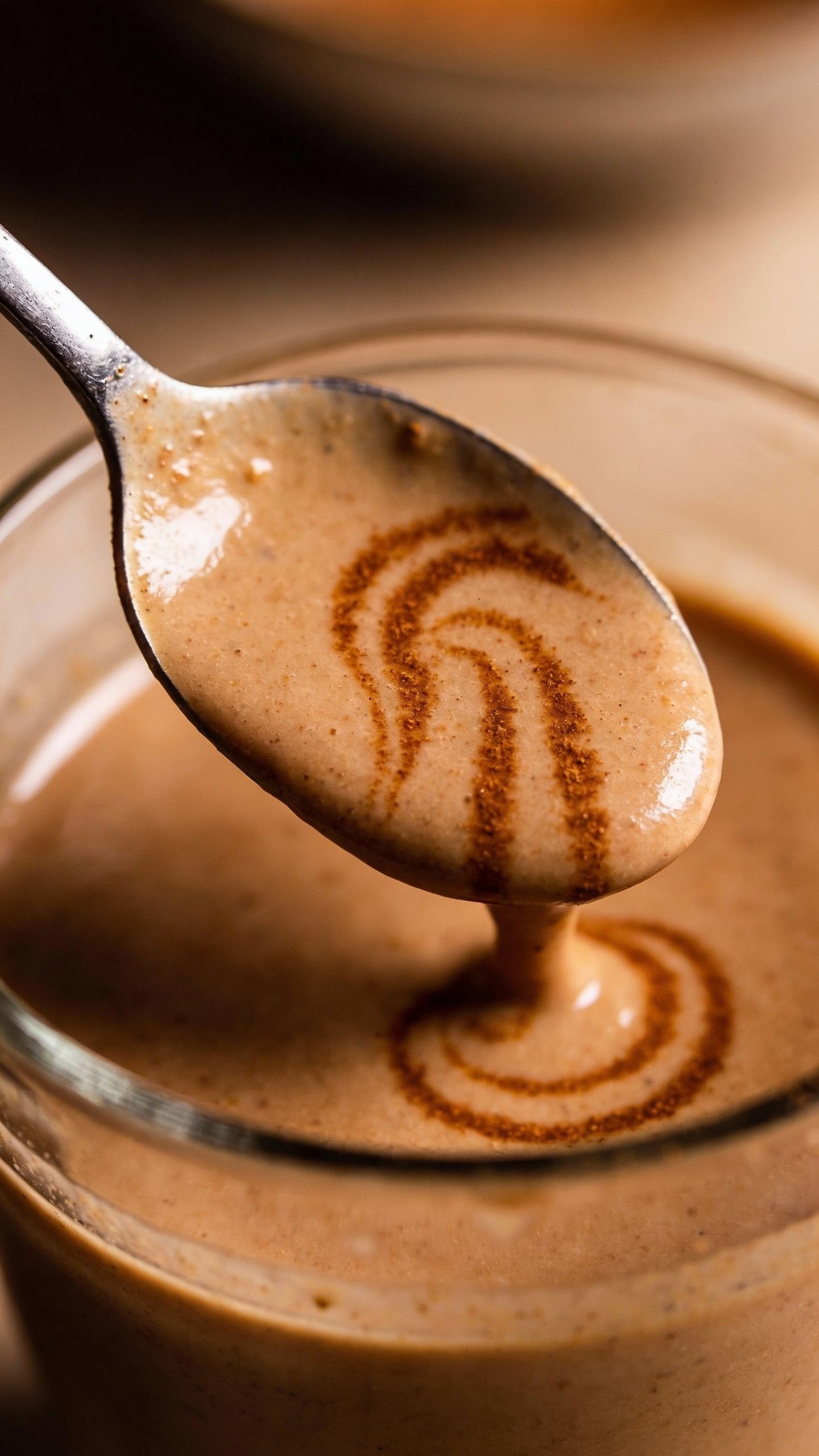 spoonful of thick cinnamon-streaked smoothie above glass rim