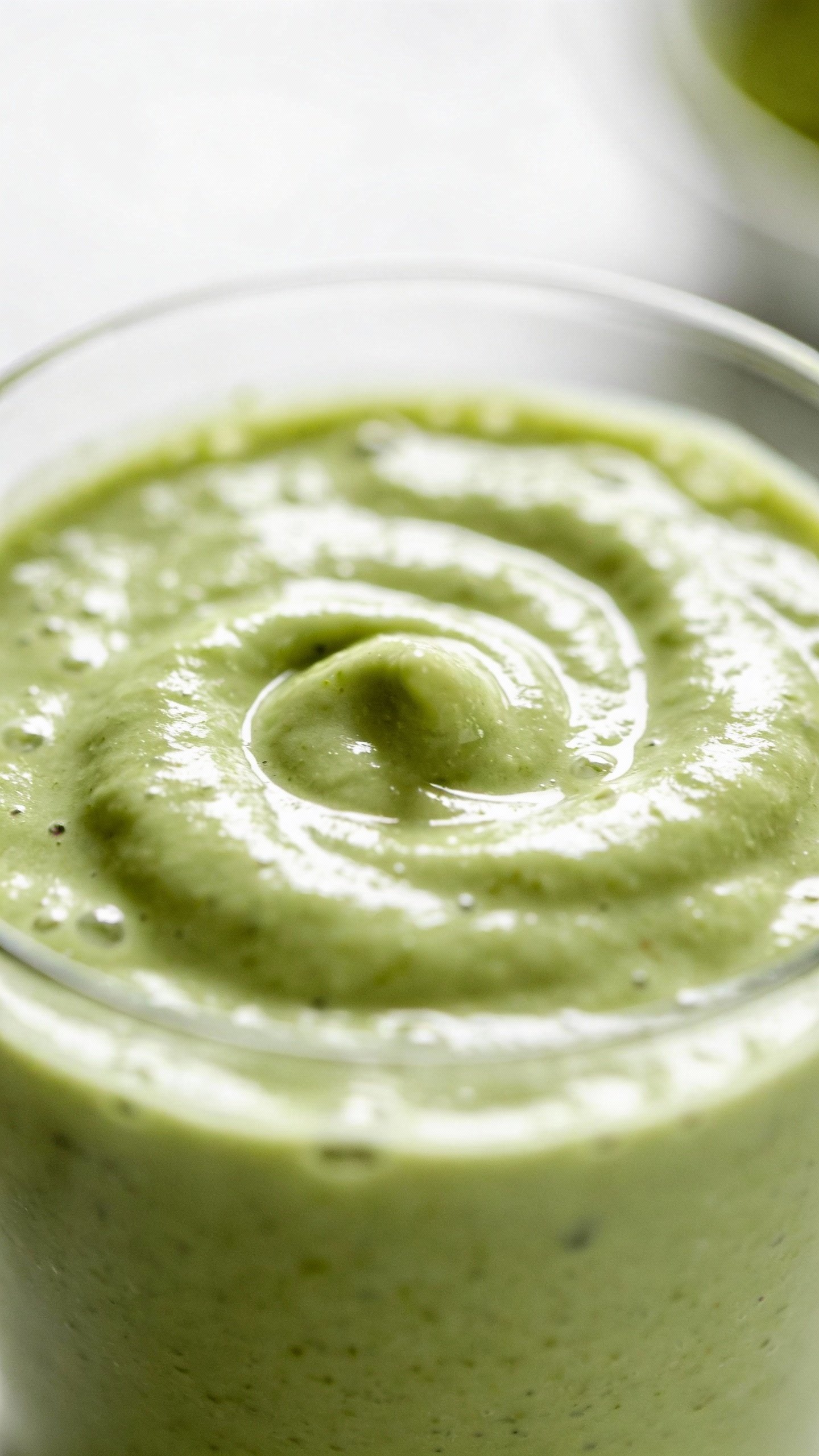 closeup matcha breakfast smoothie in clear glass, creamy swirl