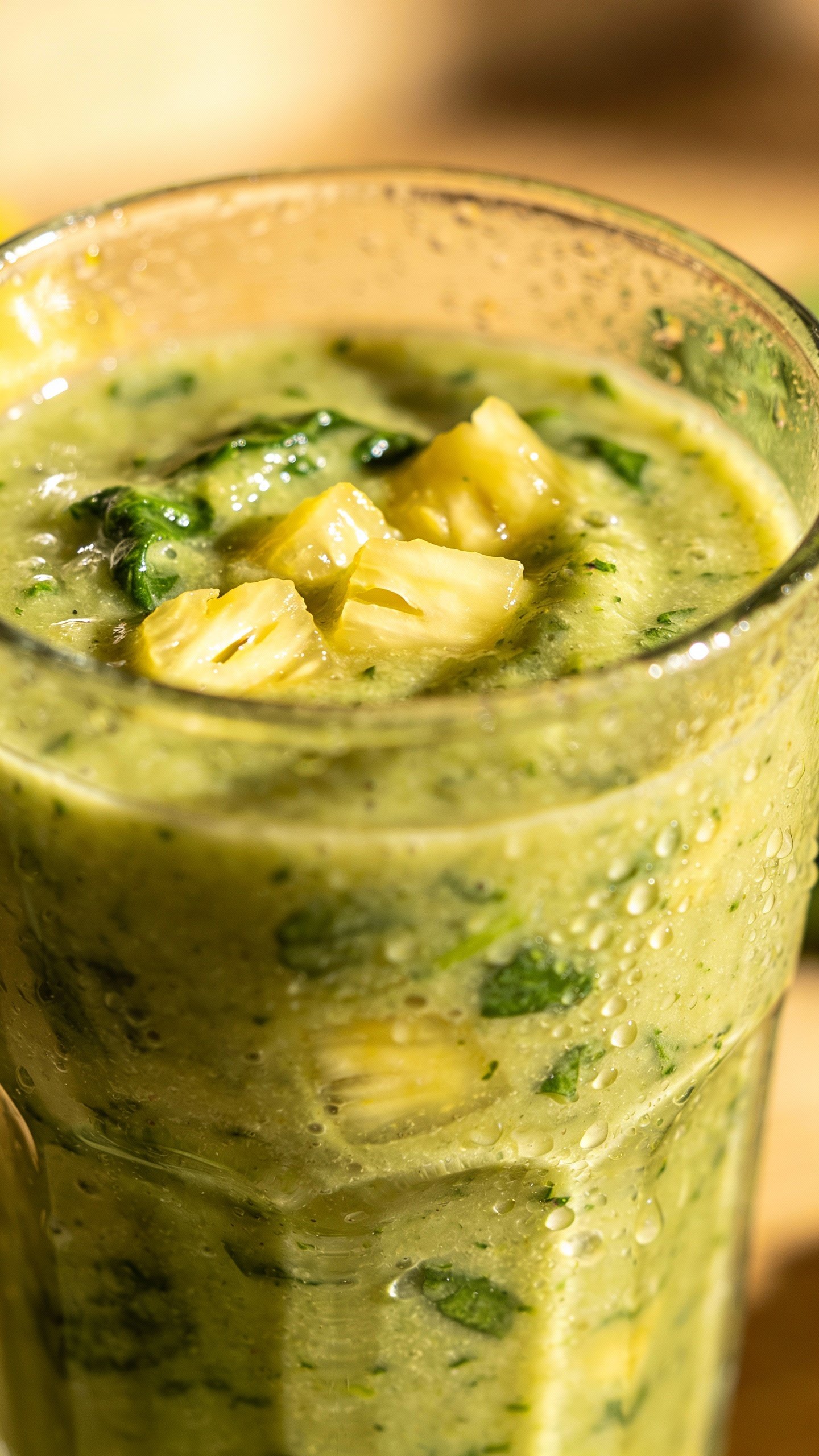 closeup of pineapple spinach smoothie in clear glass, condensation