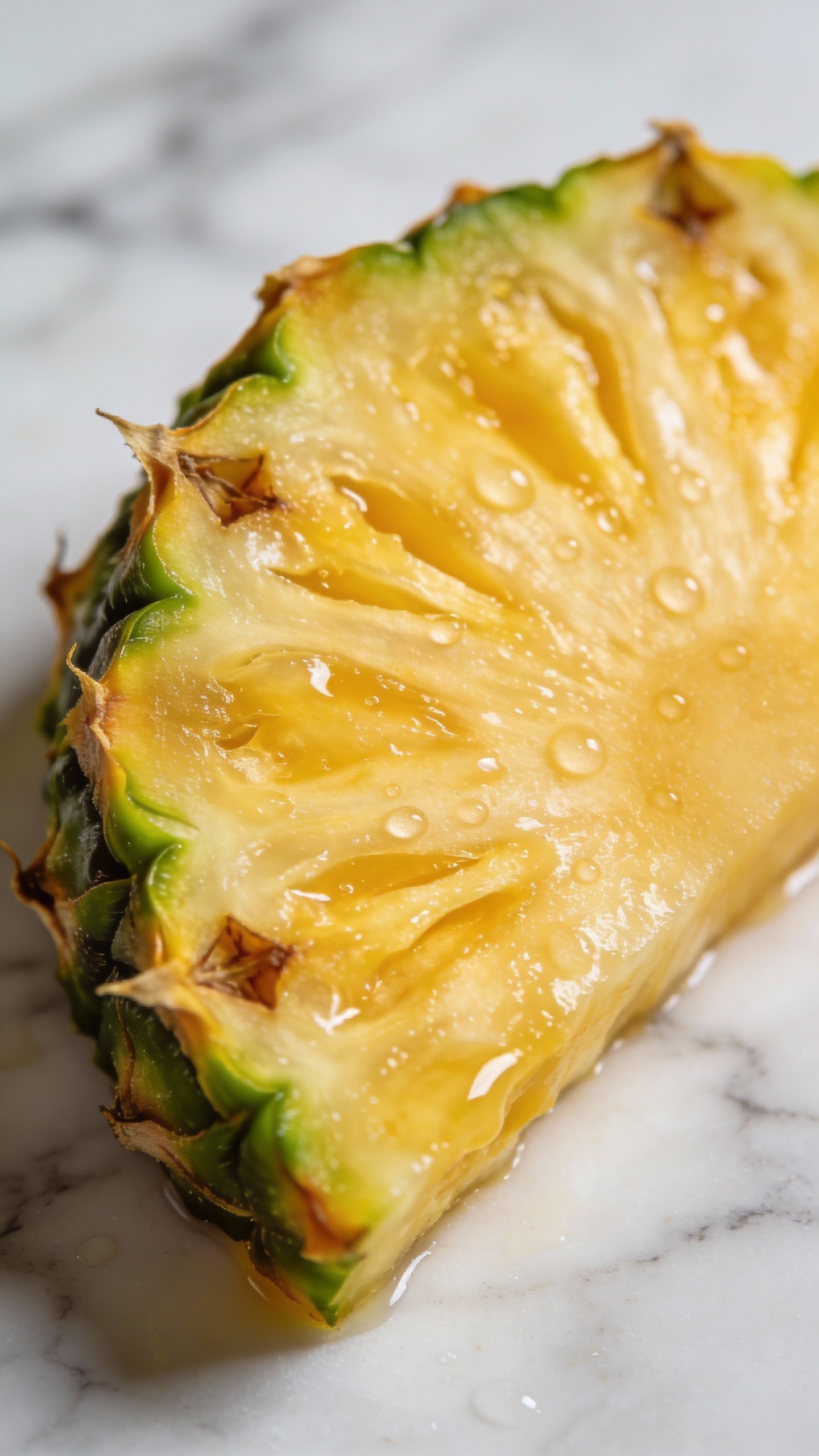 fresh pineapple slice on marble, macro texture and juice