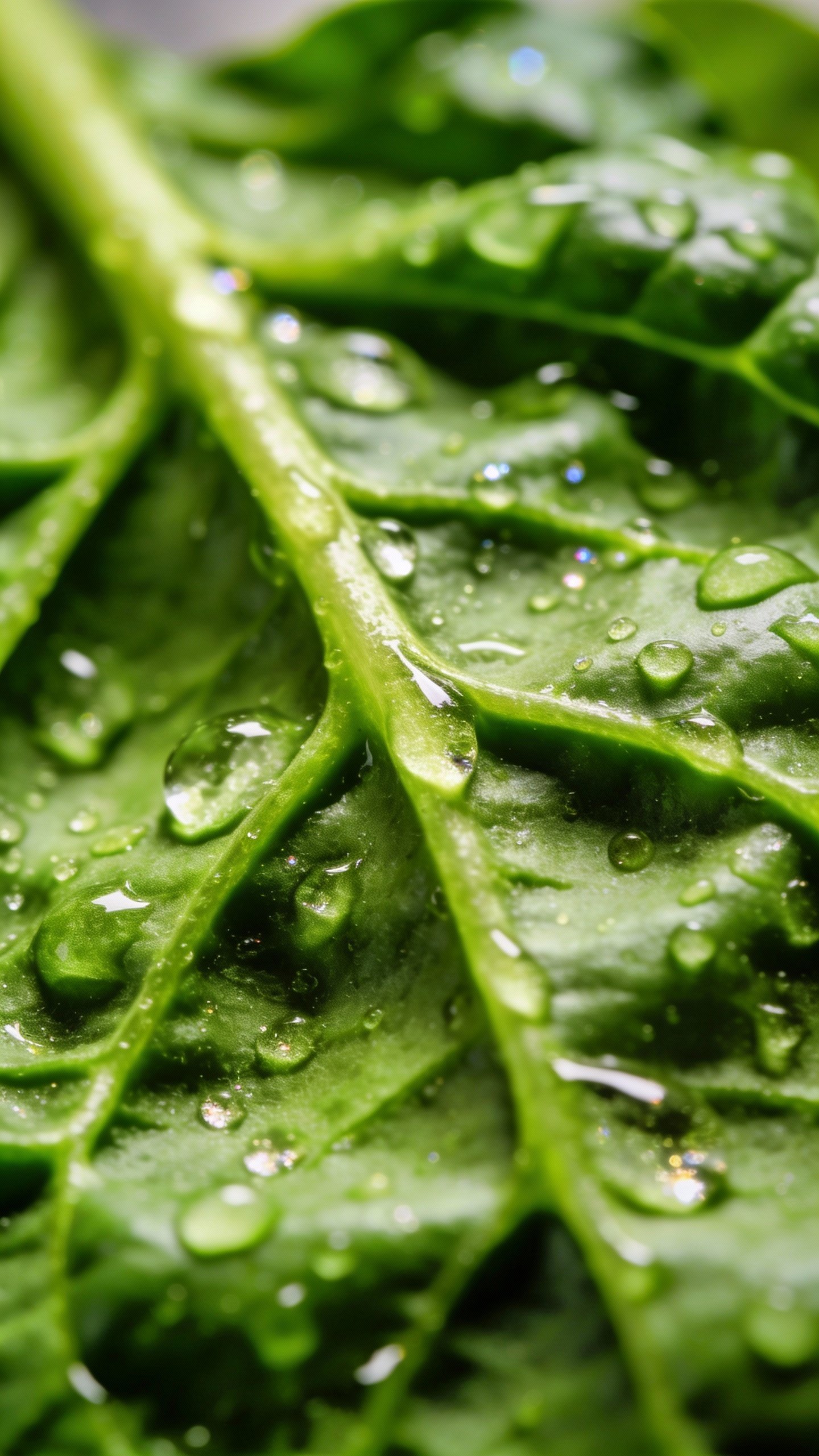 vibrant spinach leaf macro with water droplets, studio lighting
