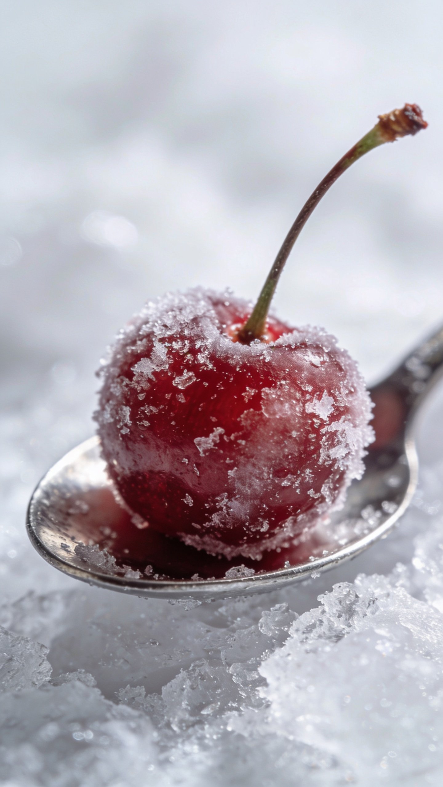 single frozen cherry on spoon, frost crystals, macro shot