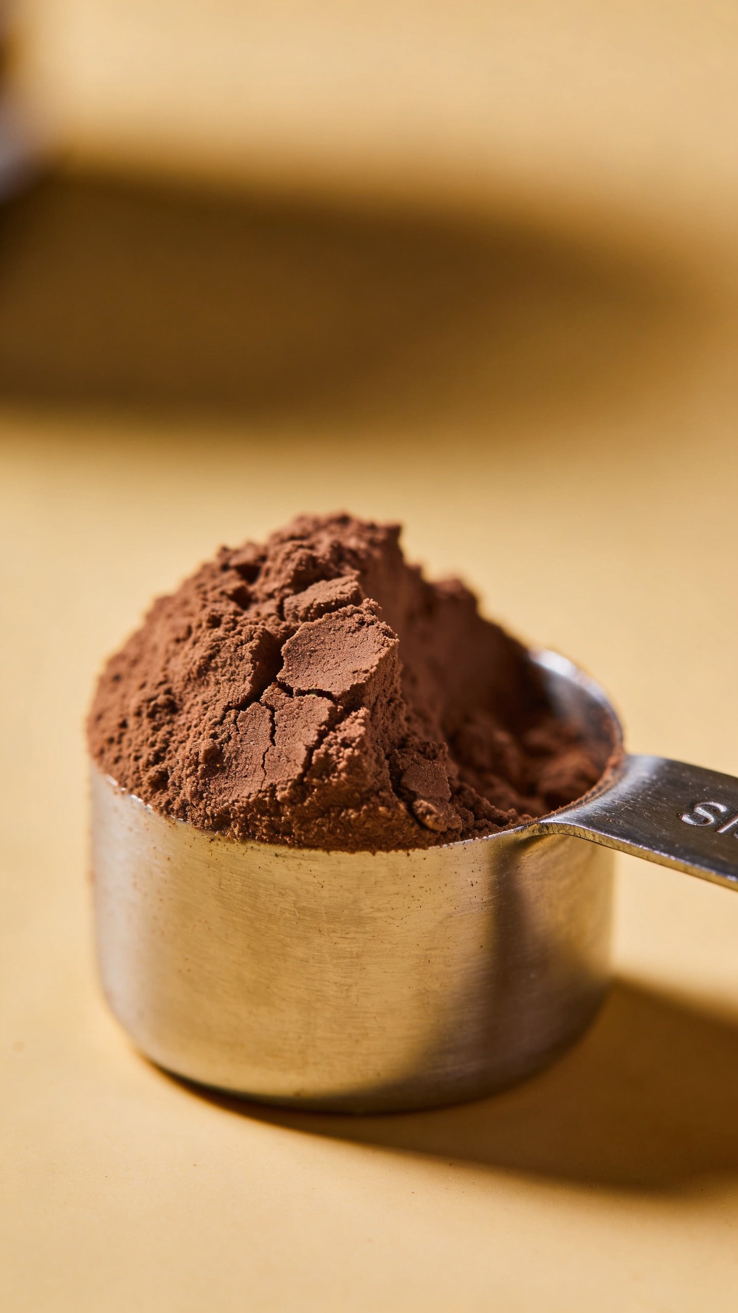 single scoop chocolate protein powder on stainless measuring spoon