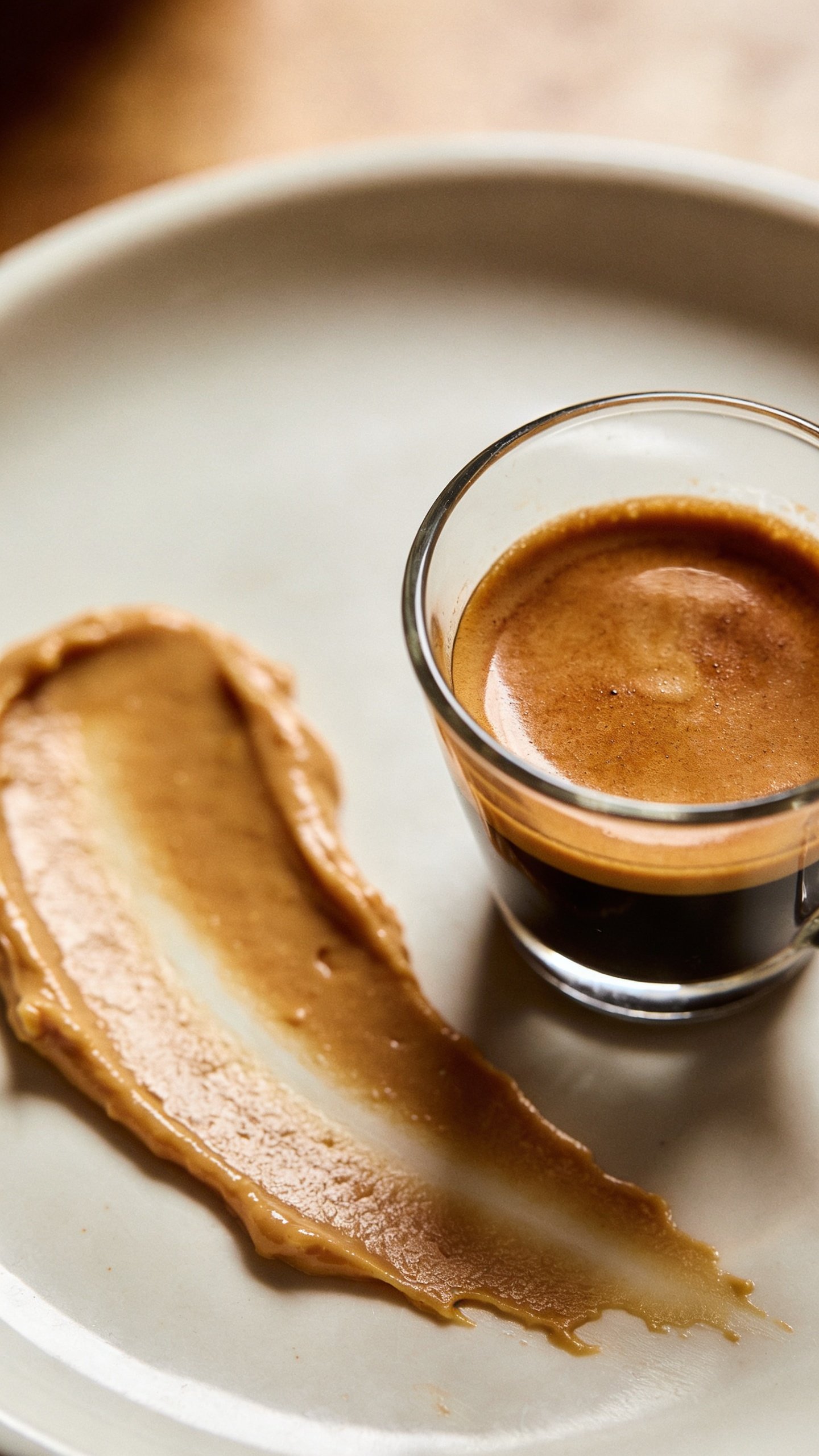 espresso shot in demitasse beside peanut butter smear, top-down