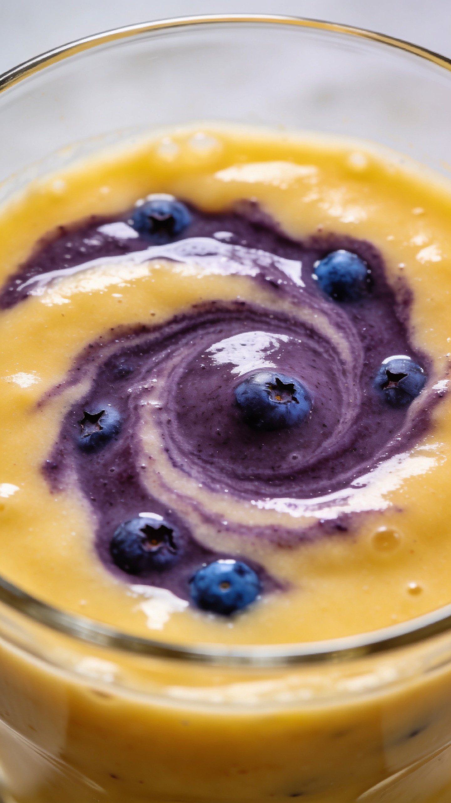 closeup blueberry banana smoothie in clear glass, deep-purple swirl
