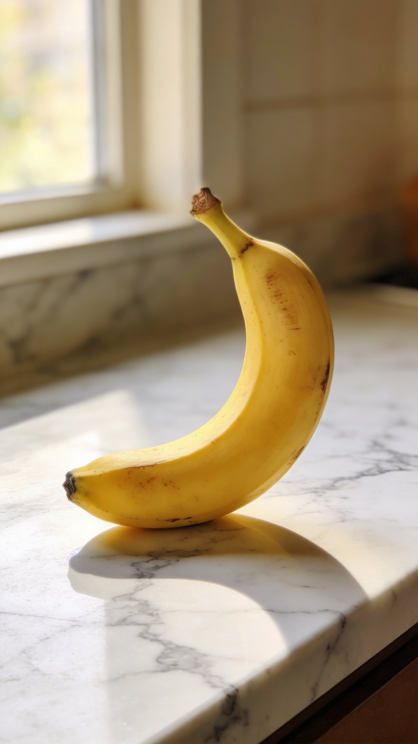 single ripe banana on marble countertop, soft window light