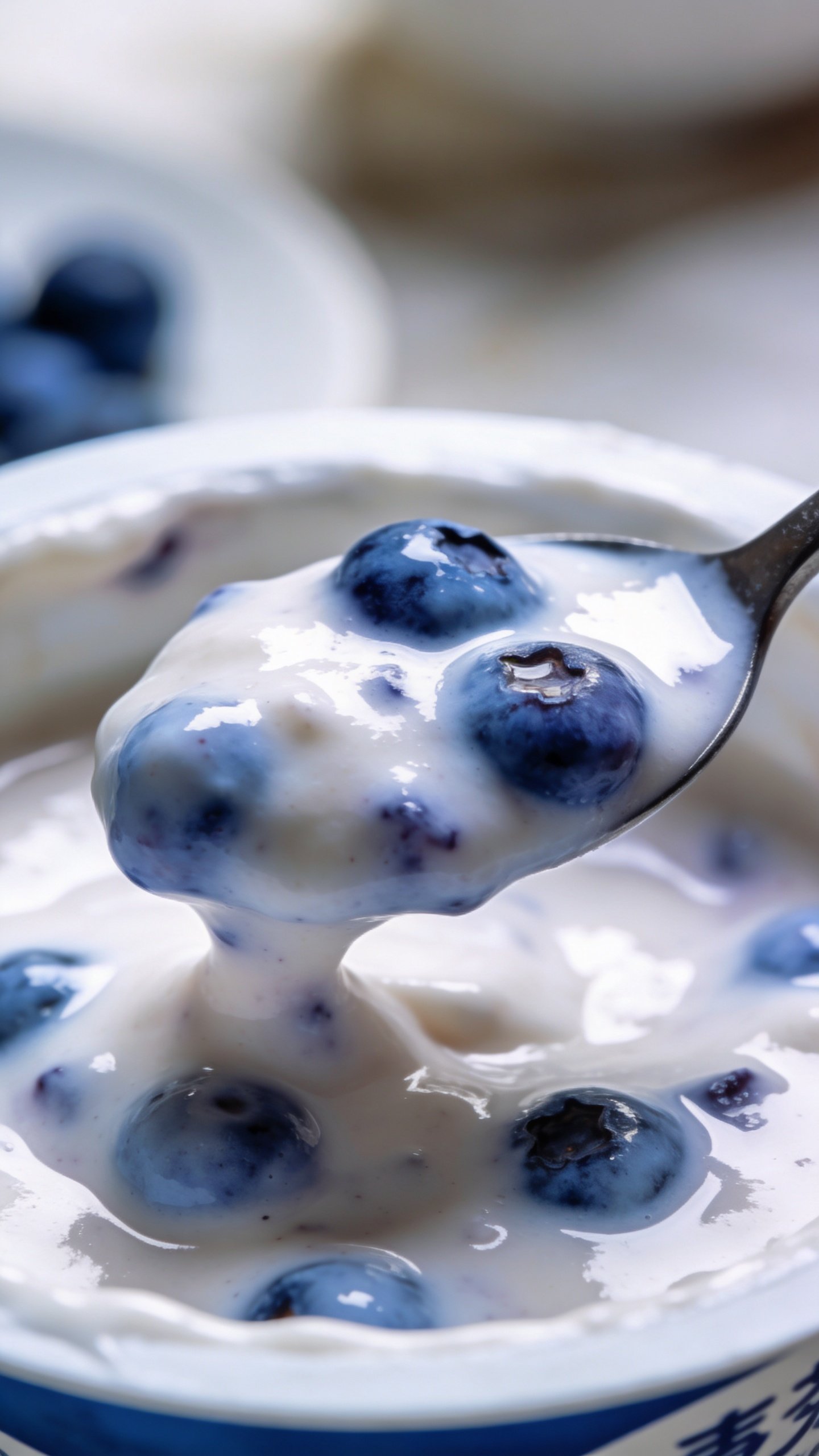 spoonful of blueberry yogurt, glossy and creamy, macro shot