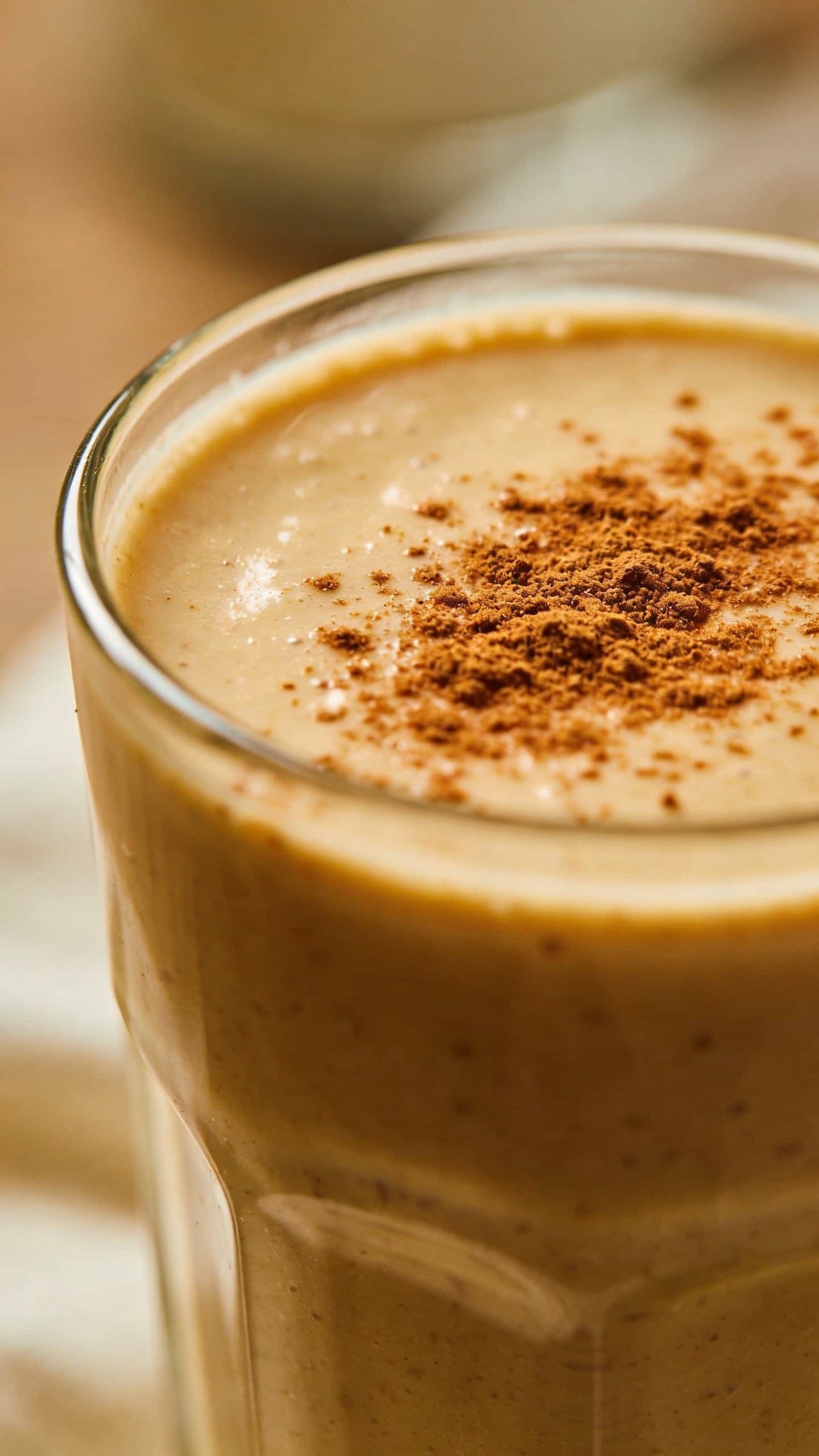 closeup sprinkle of ground cinnamon on creamy protein smoothie