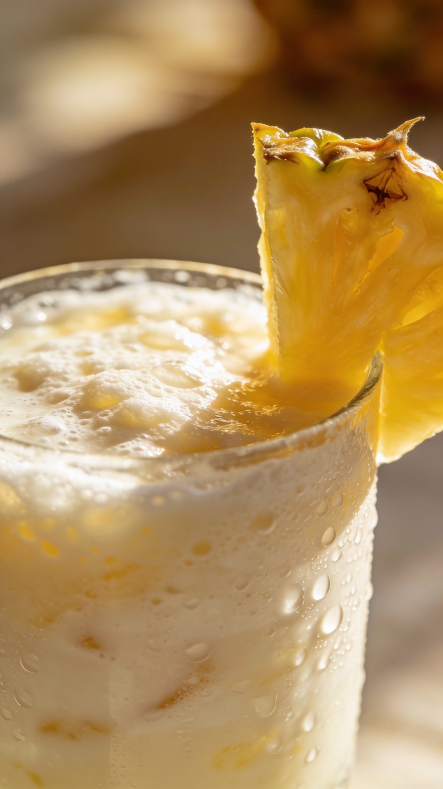 closeup pina colada breakfast smoothie in clear glass, pineapple garnish