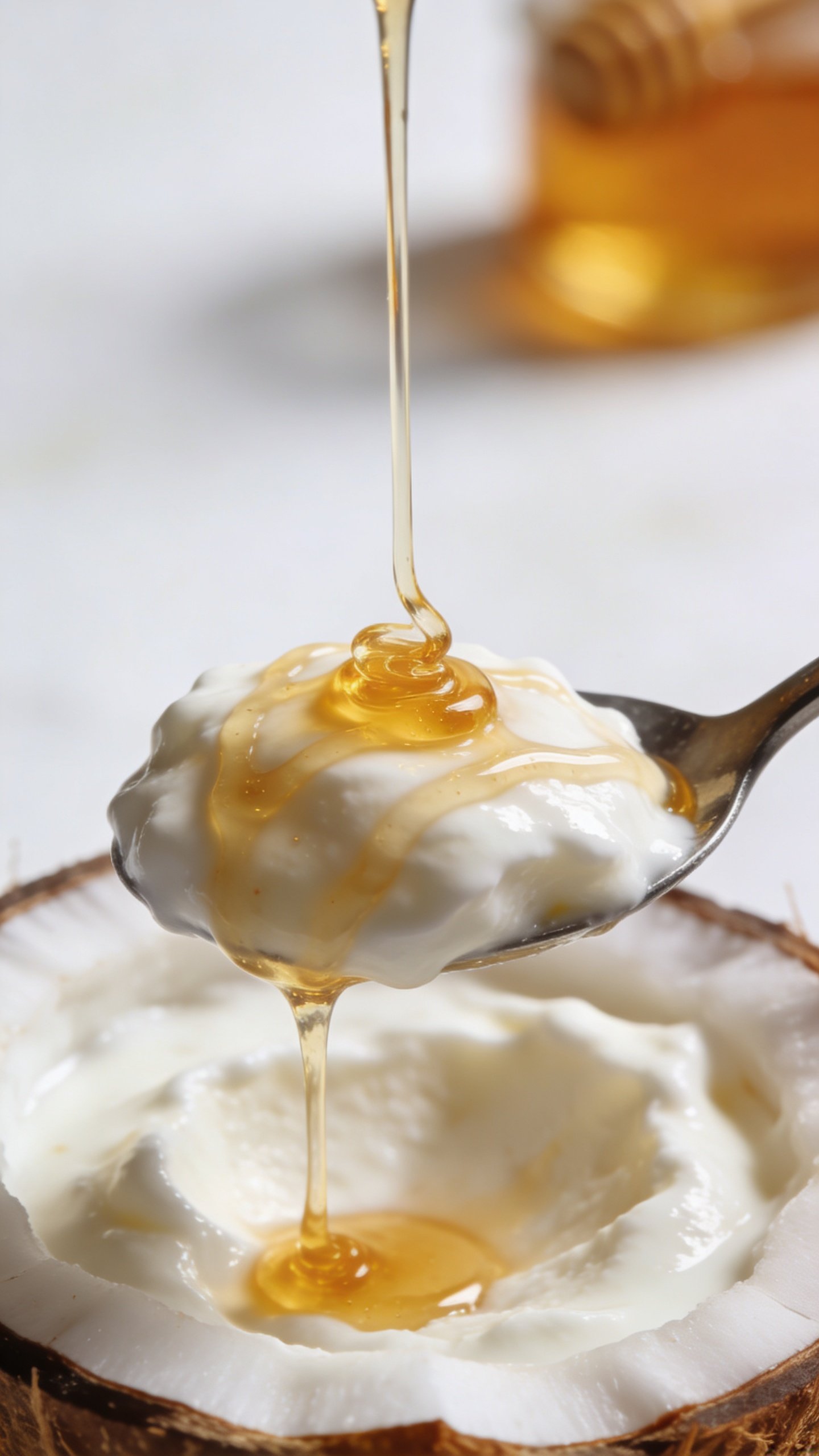 spoonful of thick coconut yogurt with honey drizzle, bright backdrop