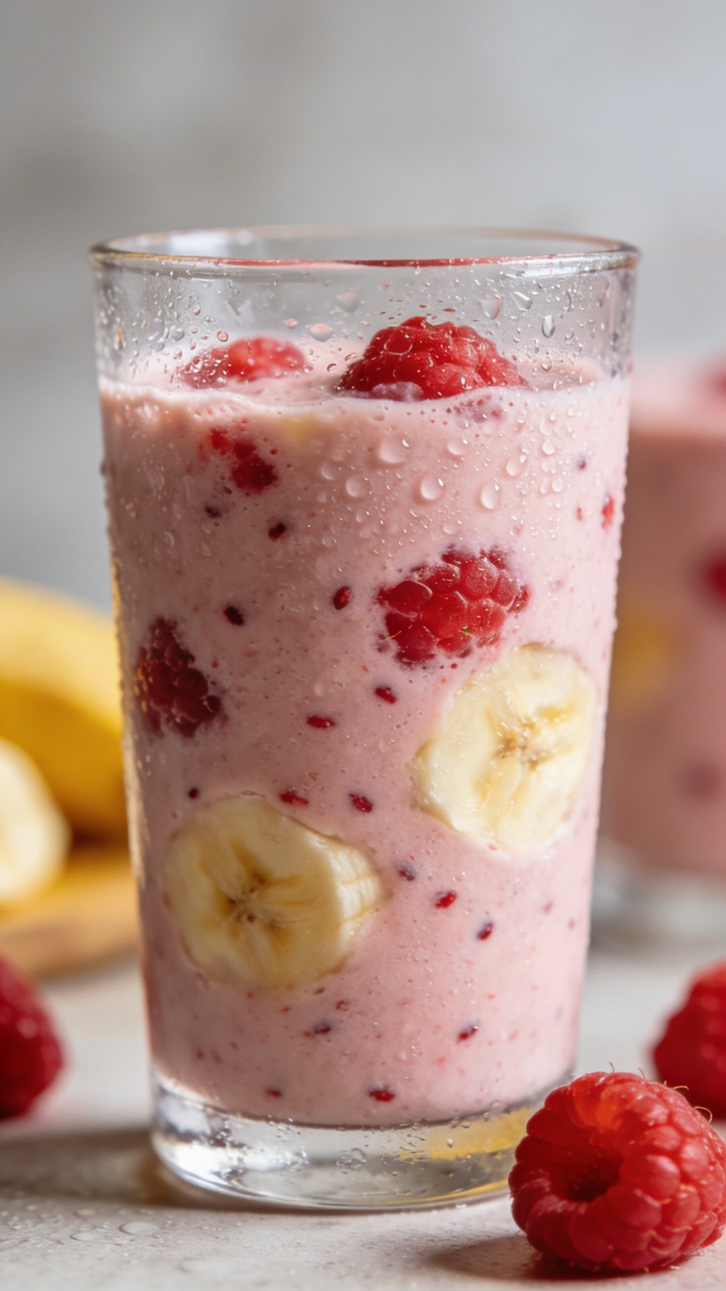 chilled raspberry banana smoothie in clear glass, closeup