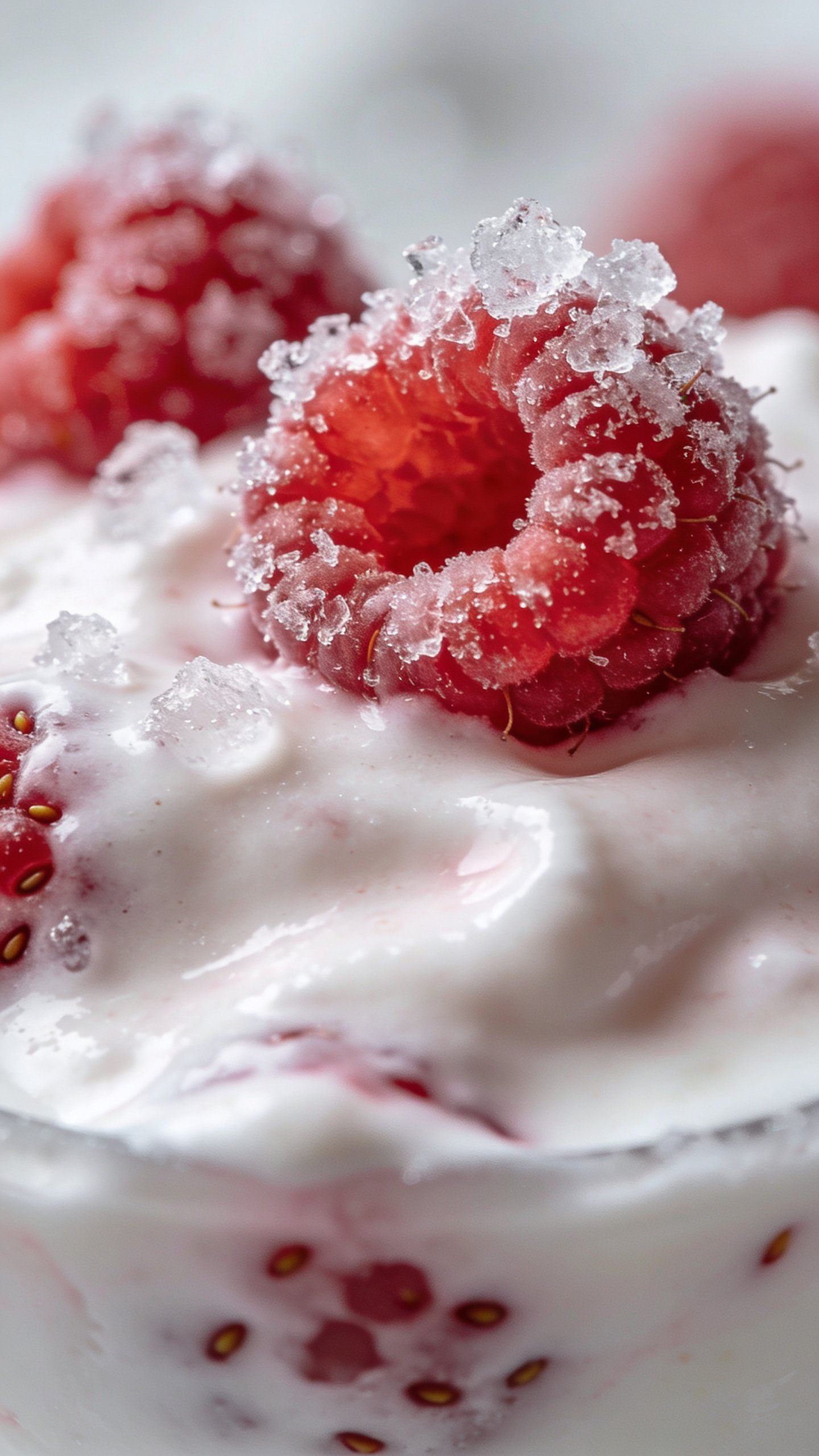 frosty raspberries on yogurt, extreme closeup