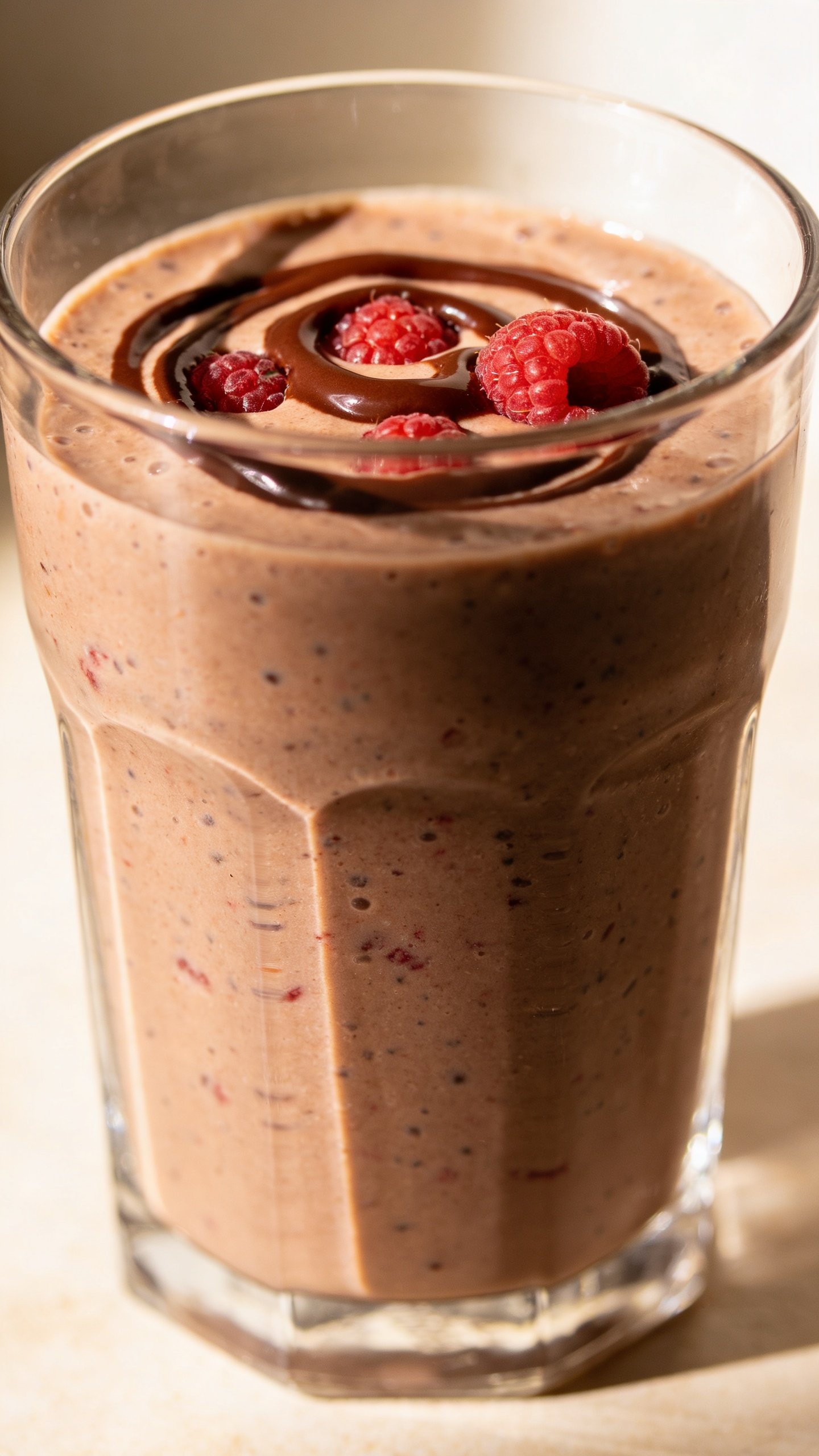 closeup chocolate raspberry smoothie in clear glass, soft morning light