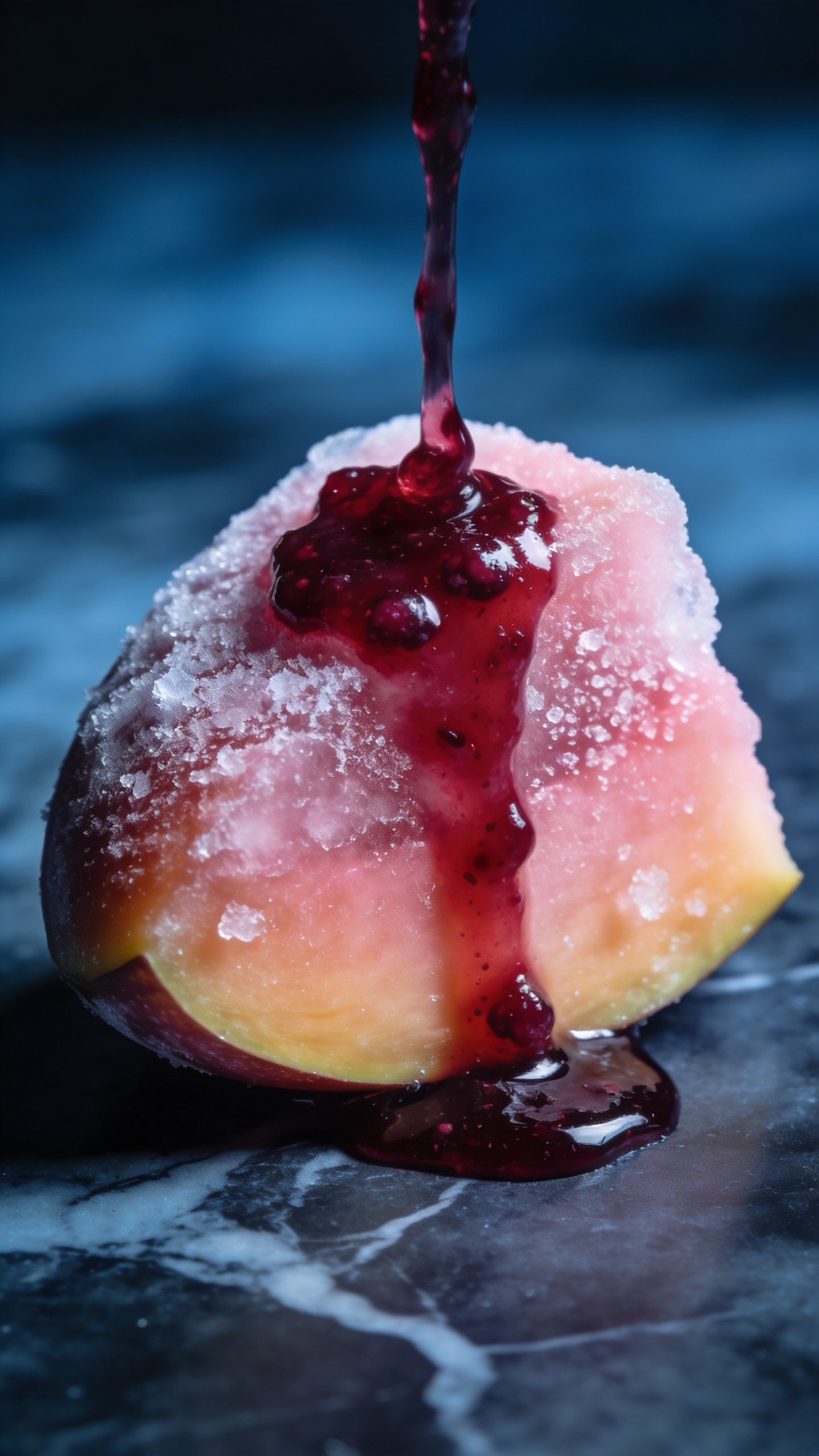 single frosty mango chunk with berry juice drip, macro