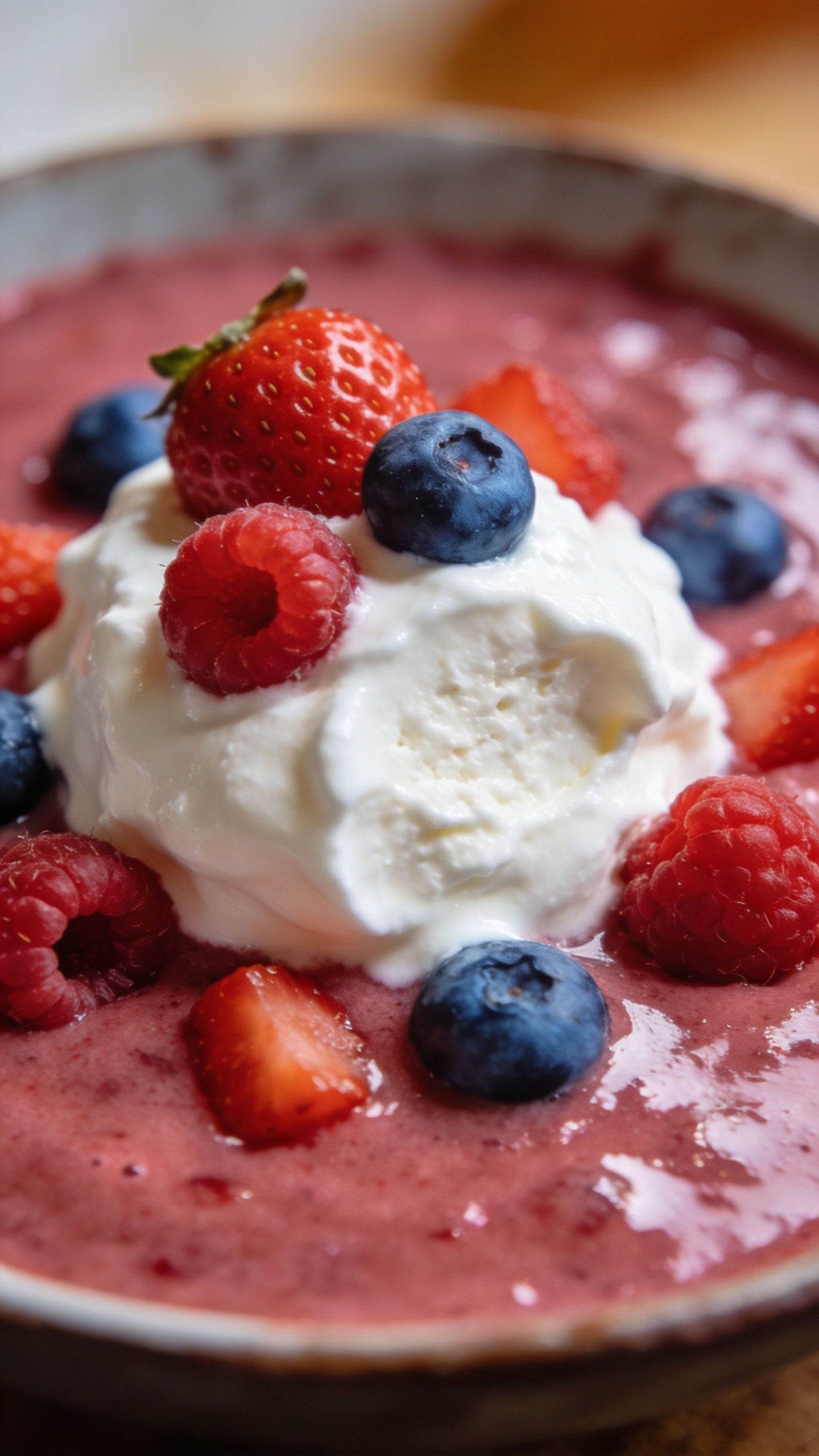 Greek yogurt dollop on smoothie surface, fresh berry garnish