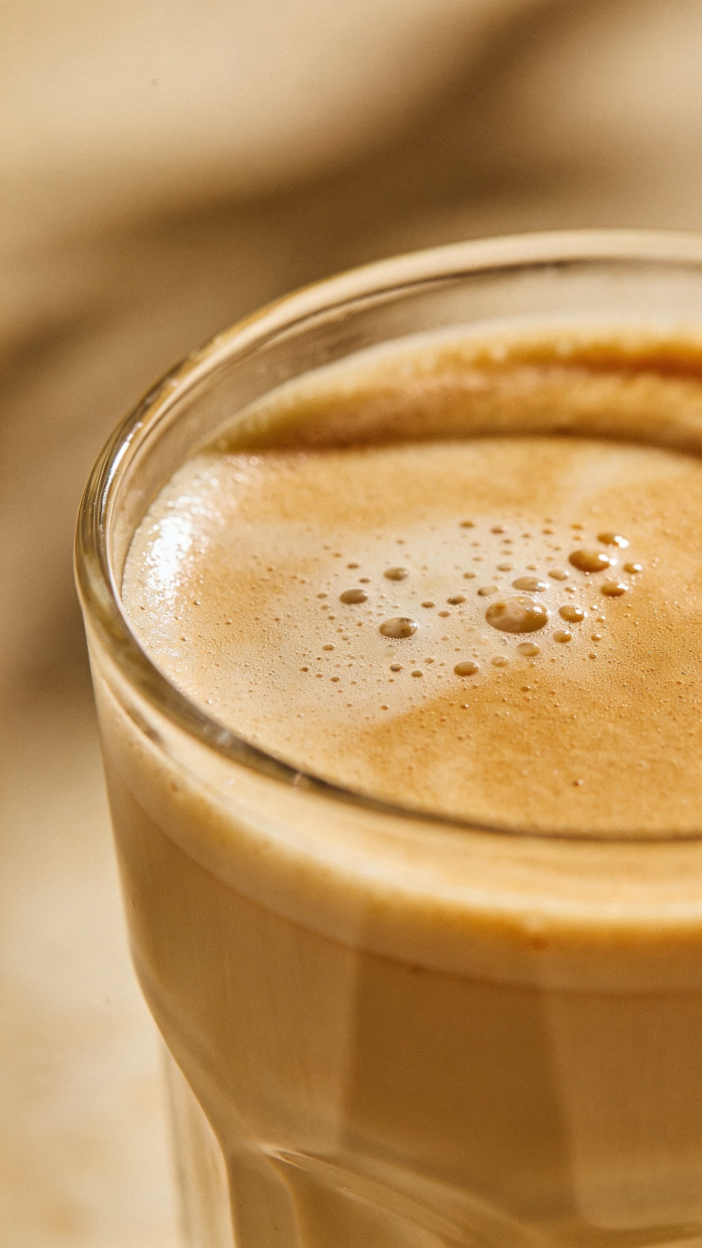 closeup vanilla latte breakfast smoothie in clear glass, frothy top