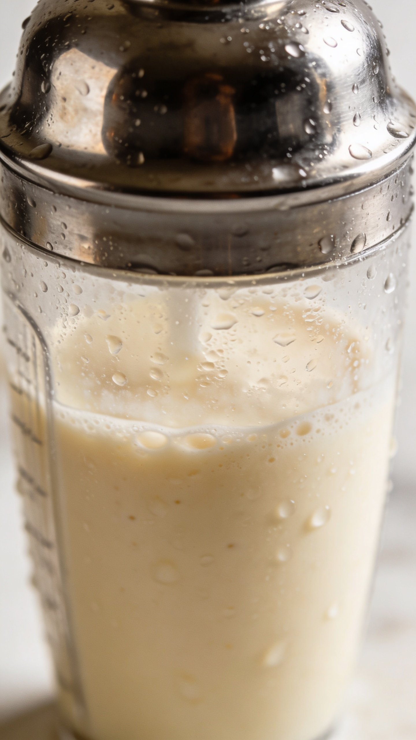 stainless steel shaker bottle with vanilla smoothie, condensation droplets