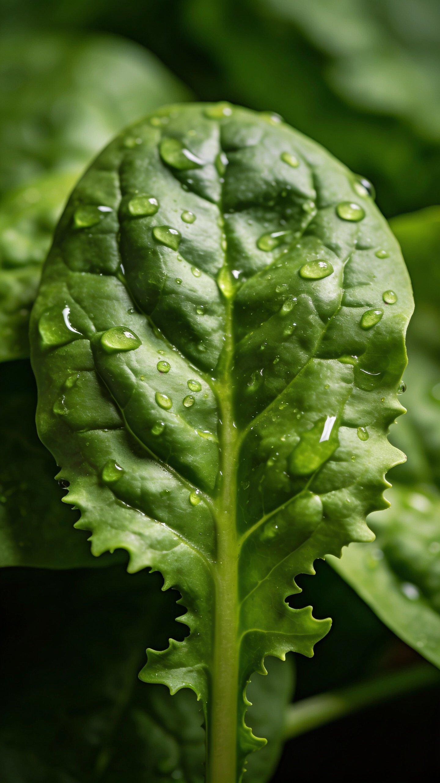 single fresh spinach leaf with water droplets, macro shot