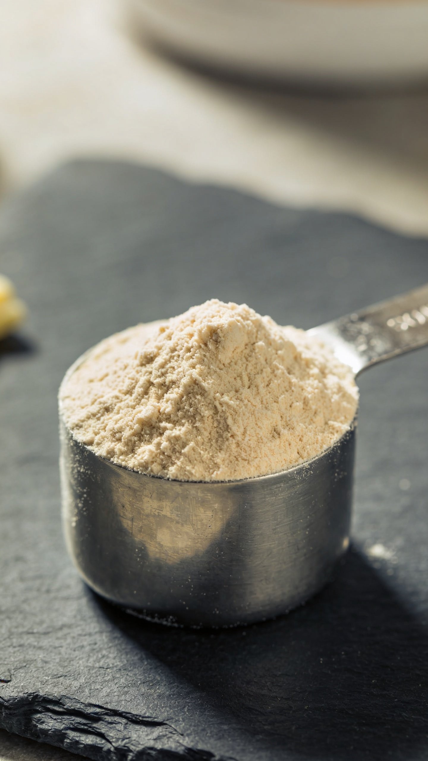 metal scoop of vanilla protein powder on dark slate surface