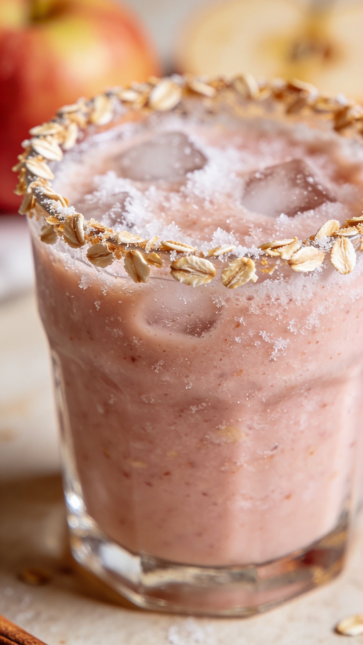frosty apple cinnamon smoothie in clear glass, oat-dusted rim