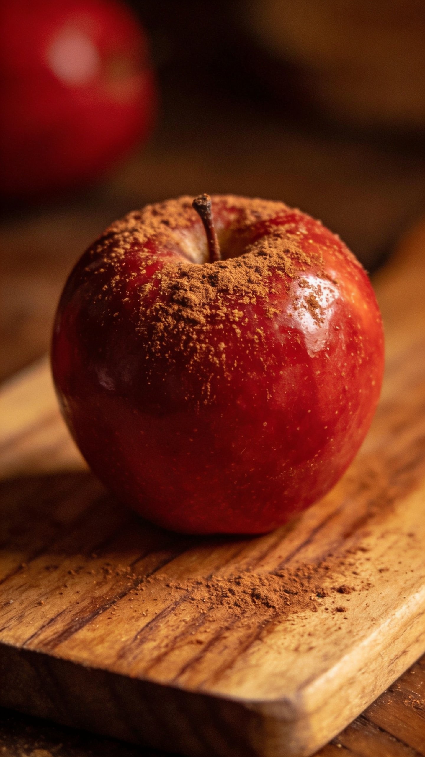 single red apple with cinnamon sprinkle on cutting board