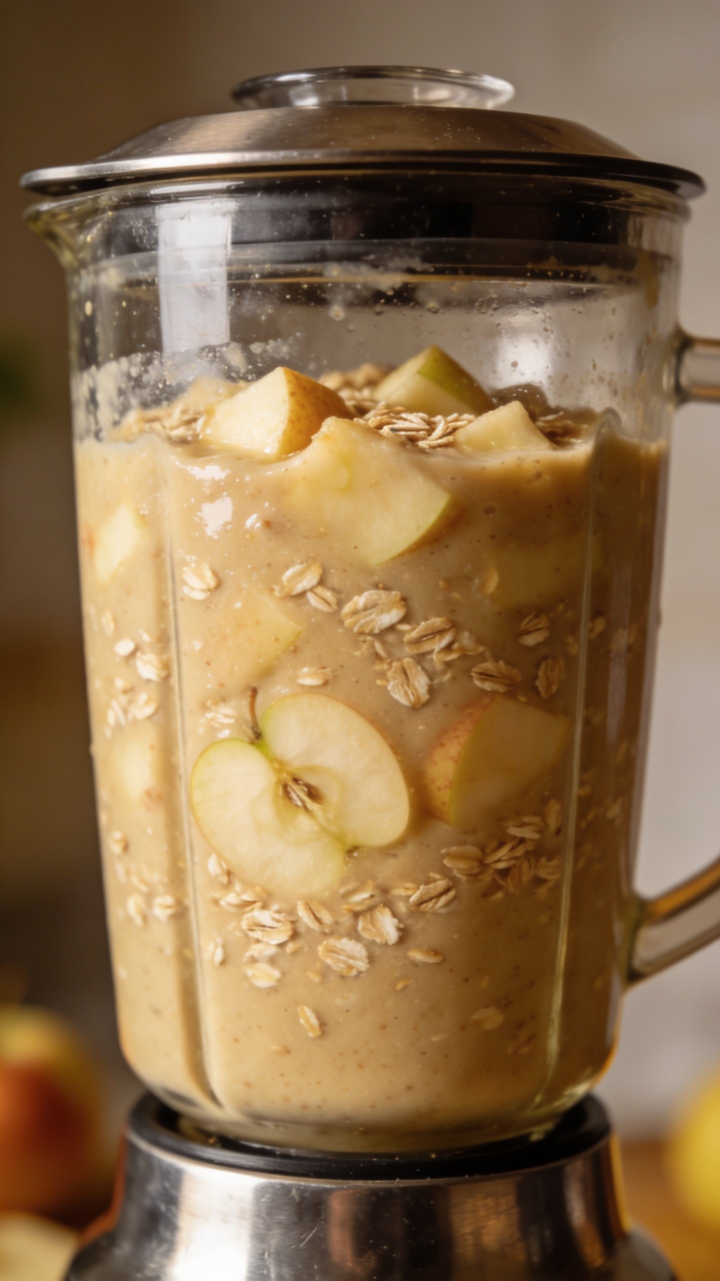 stainless blender jar filled with apple-oat smoothie, closeup