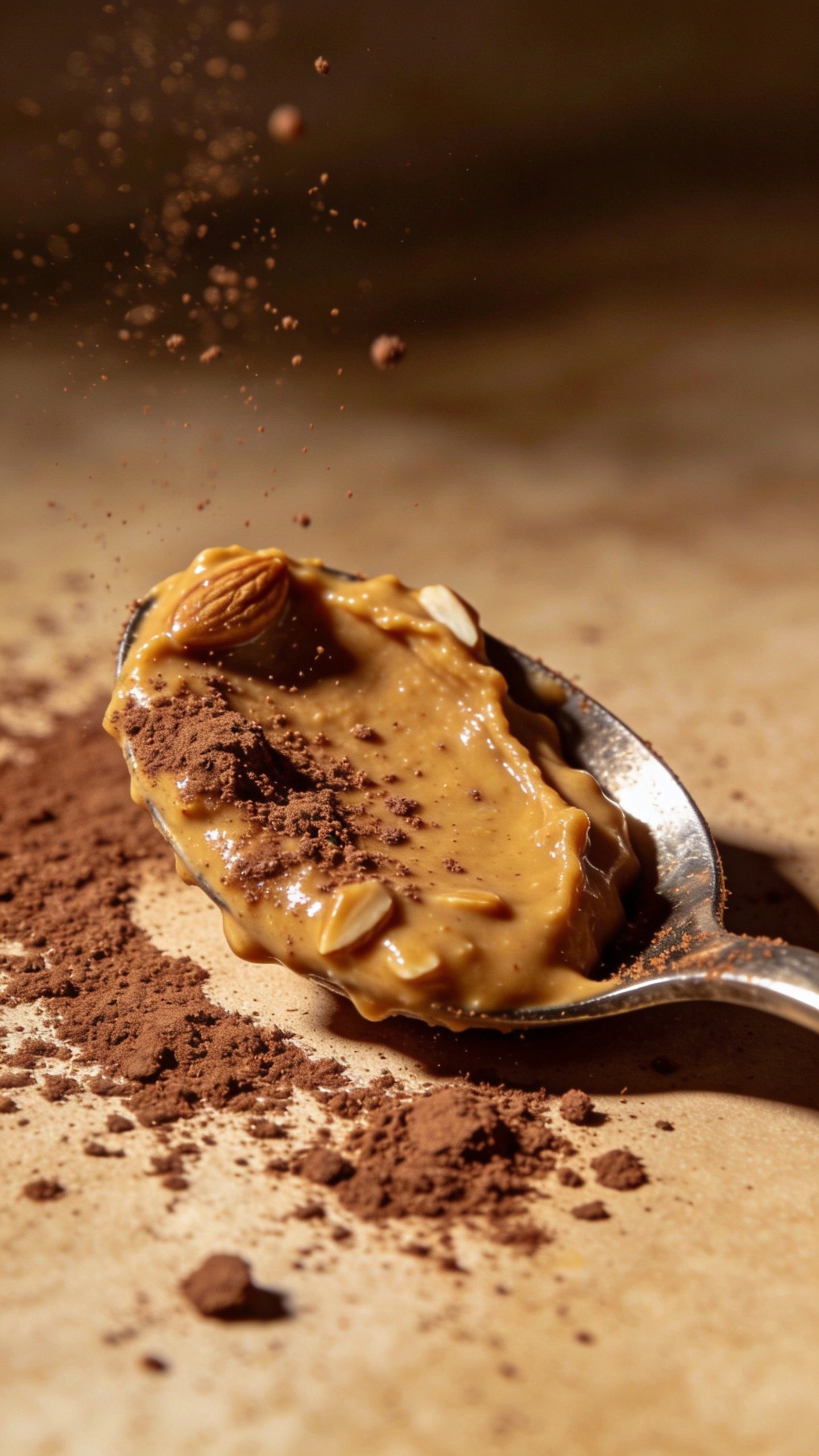 closeup of cacao-dusted almond butter spoon, studio lighting