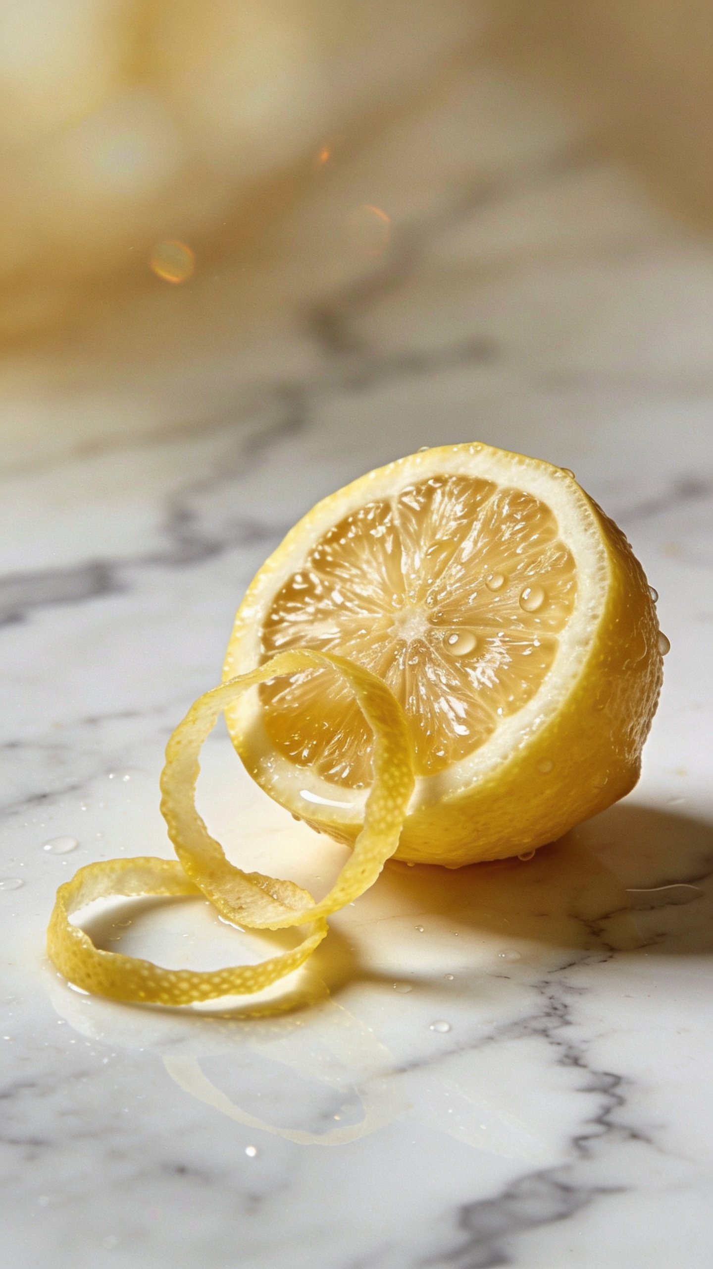 single halved lemon with zest curls on marble, soft light