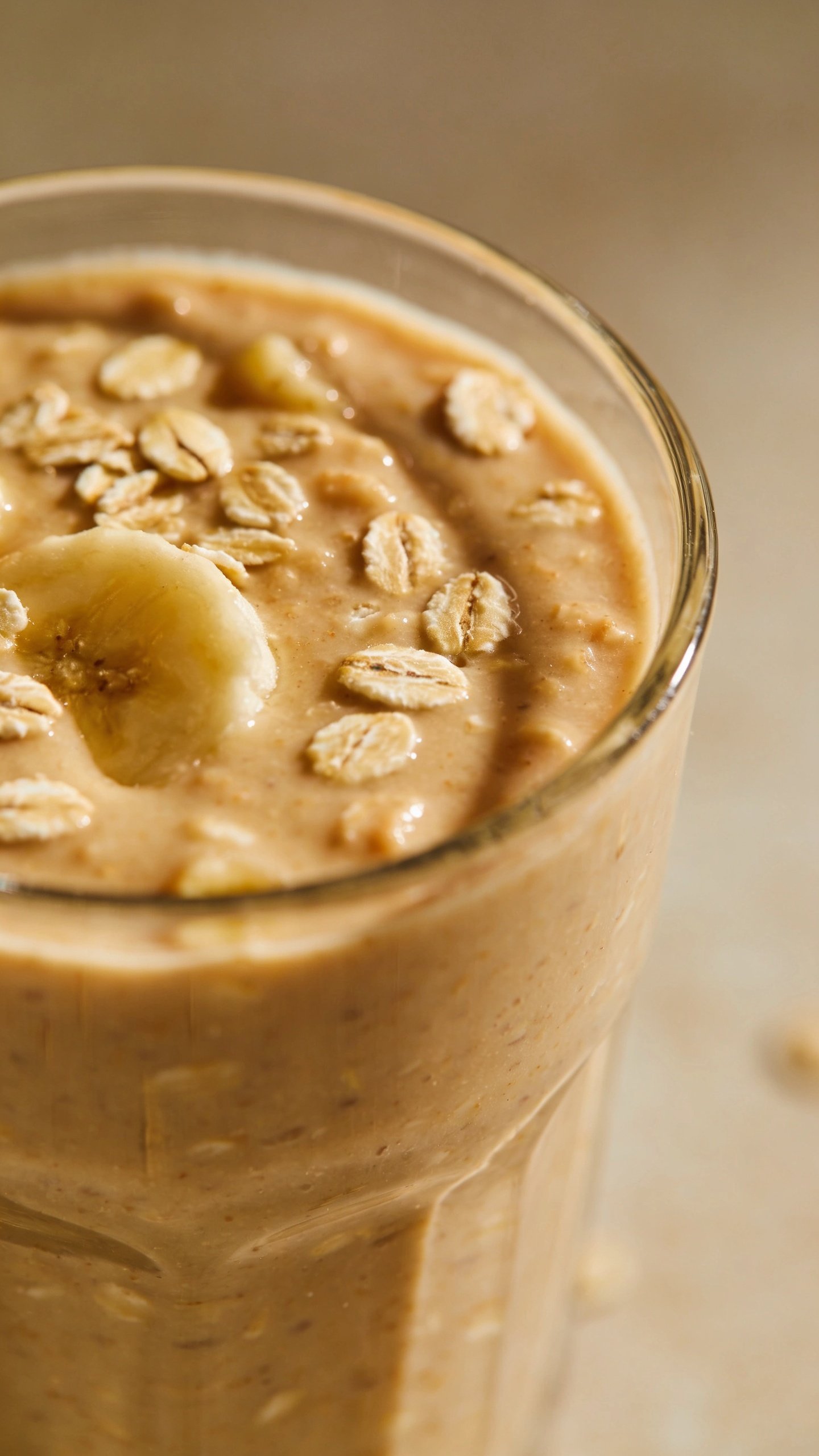 closeup banana peanut butter oat smoothie in clear glass