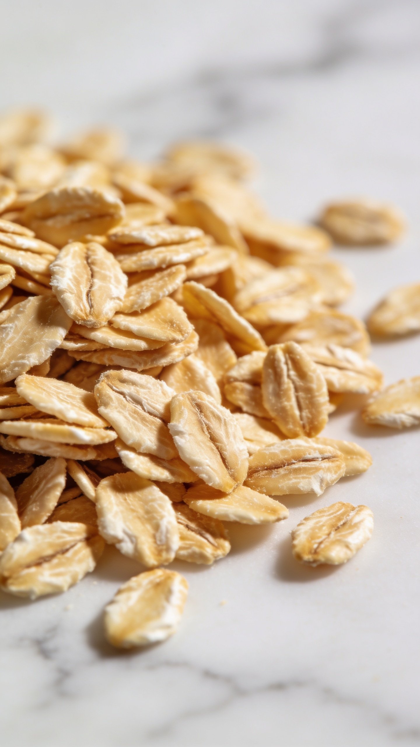 handful of rolled oats on white marble, shallow focus