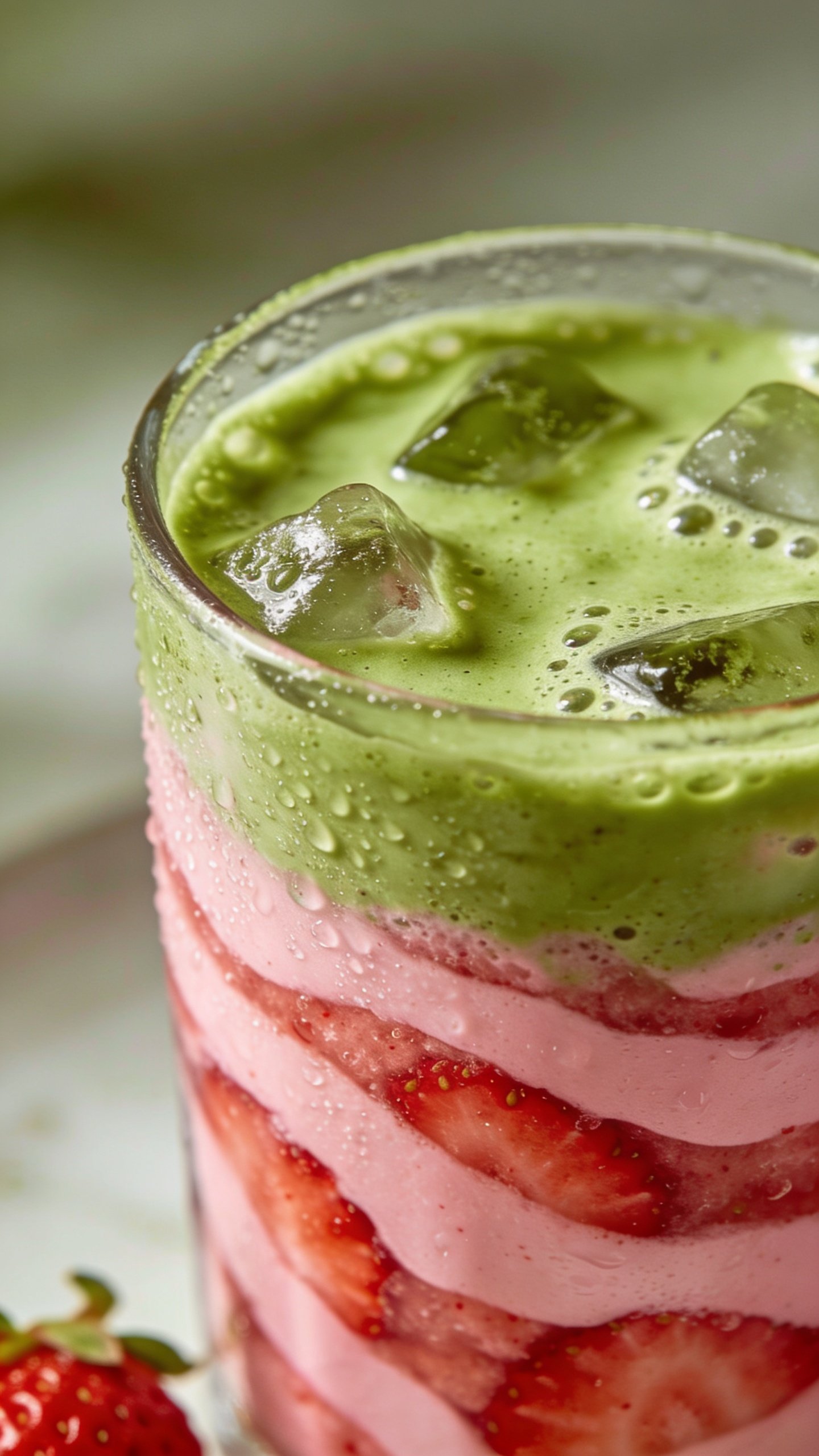 closeup strawberry matcha smoothie in clear glass, swirled layers