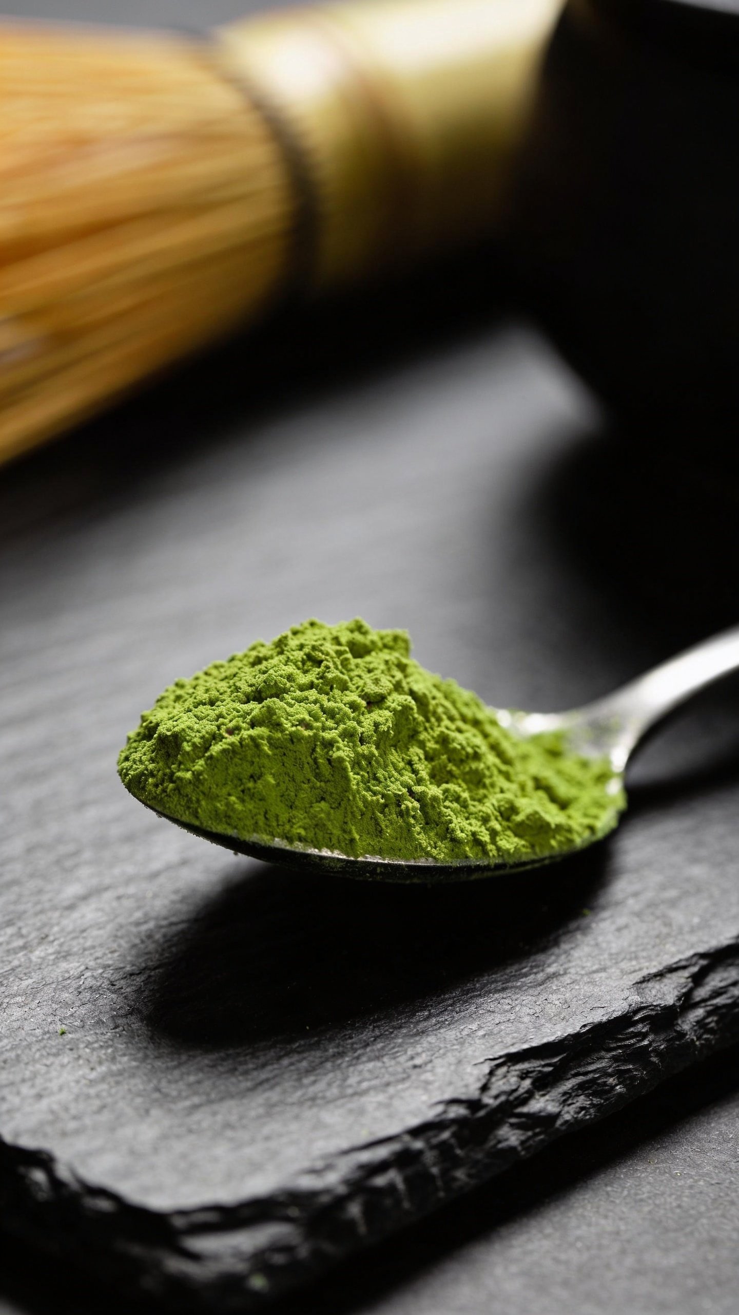 single spoonful of vibrant matcha powder on black slate