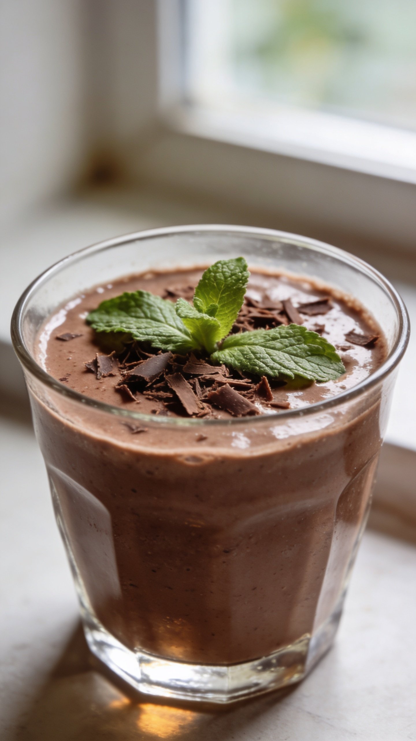 closeup chocolate mint breakfast smoothie in clear glass, soft window light