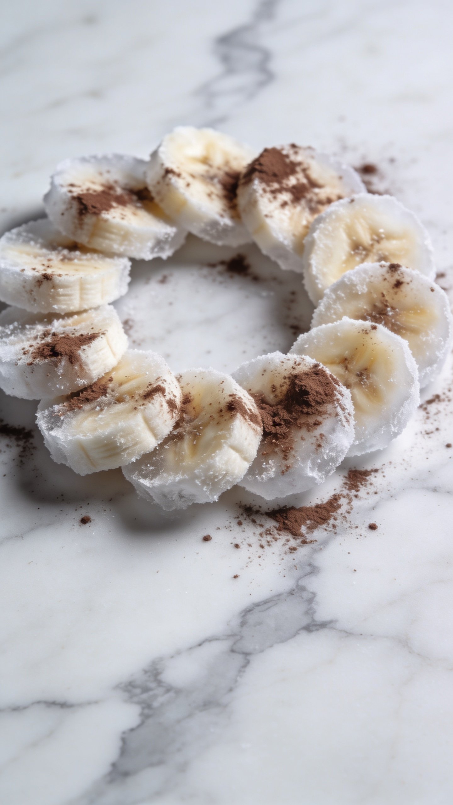 overhead frozen banana slices dusted with cocoa powder, marble backdrop