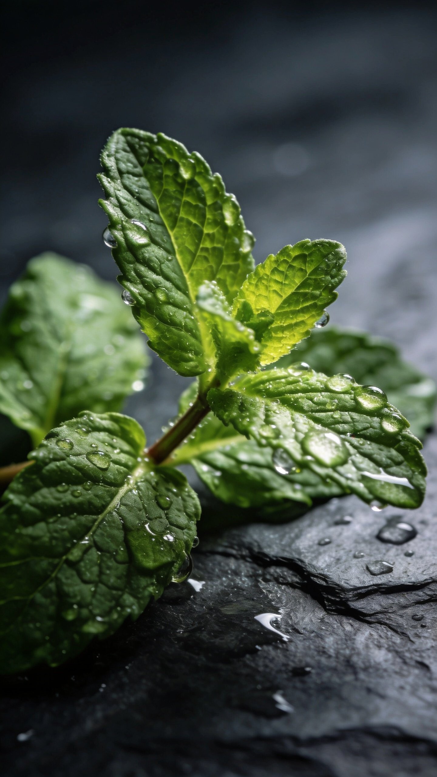 fresh mint sprig with dewdrops, macro shot on dark slate