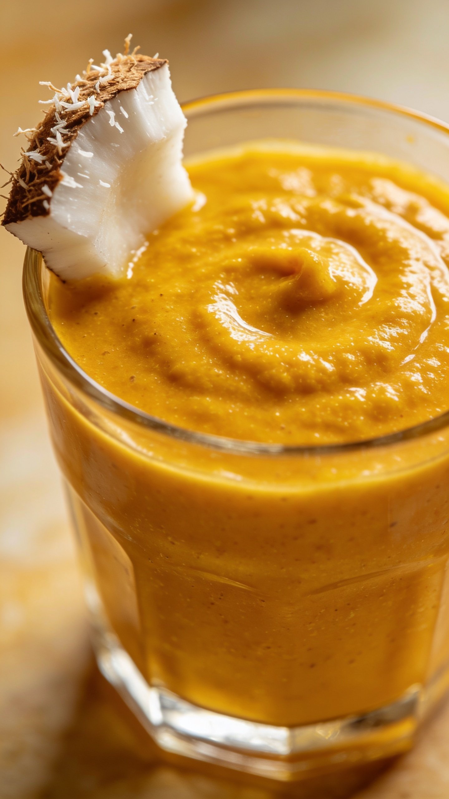 closeup of golden turmeric smoothie in clear glass, coconut garnish