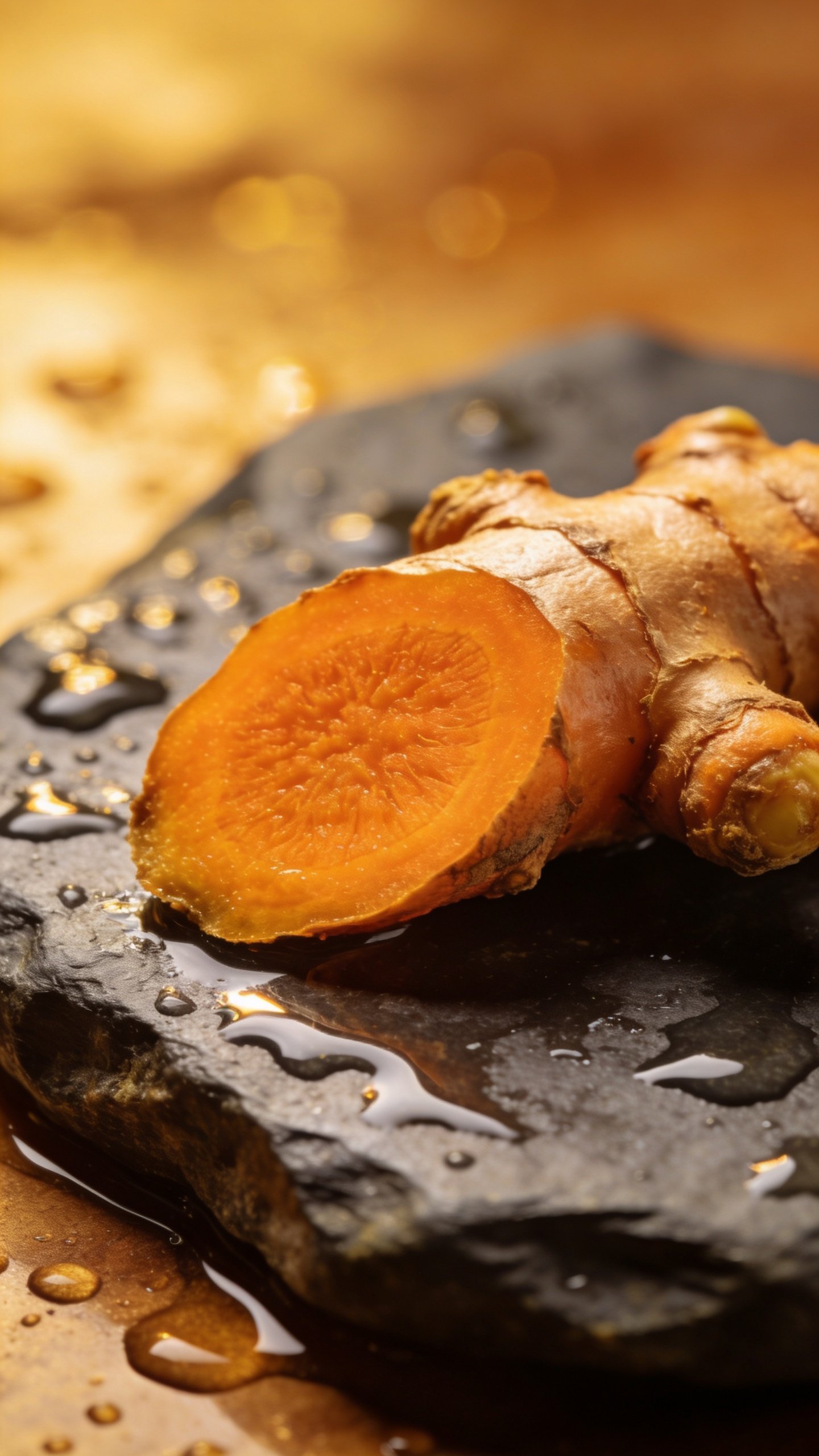 macro shot of fresh turmeric root slice on wet slate