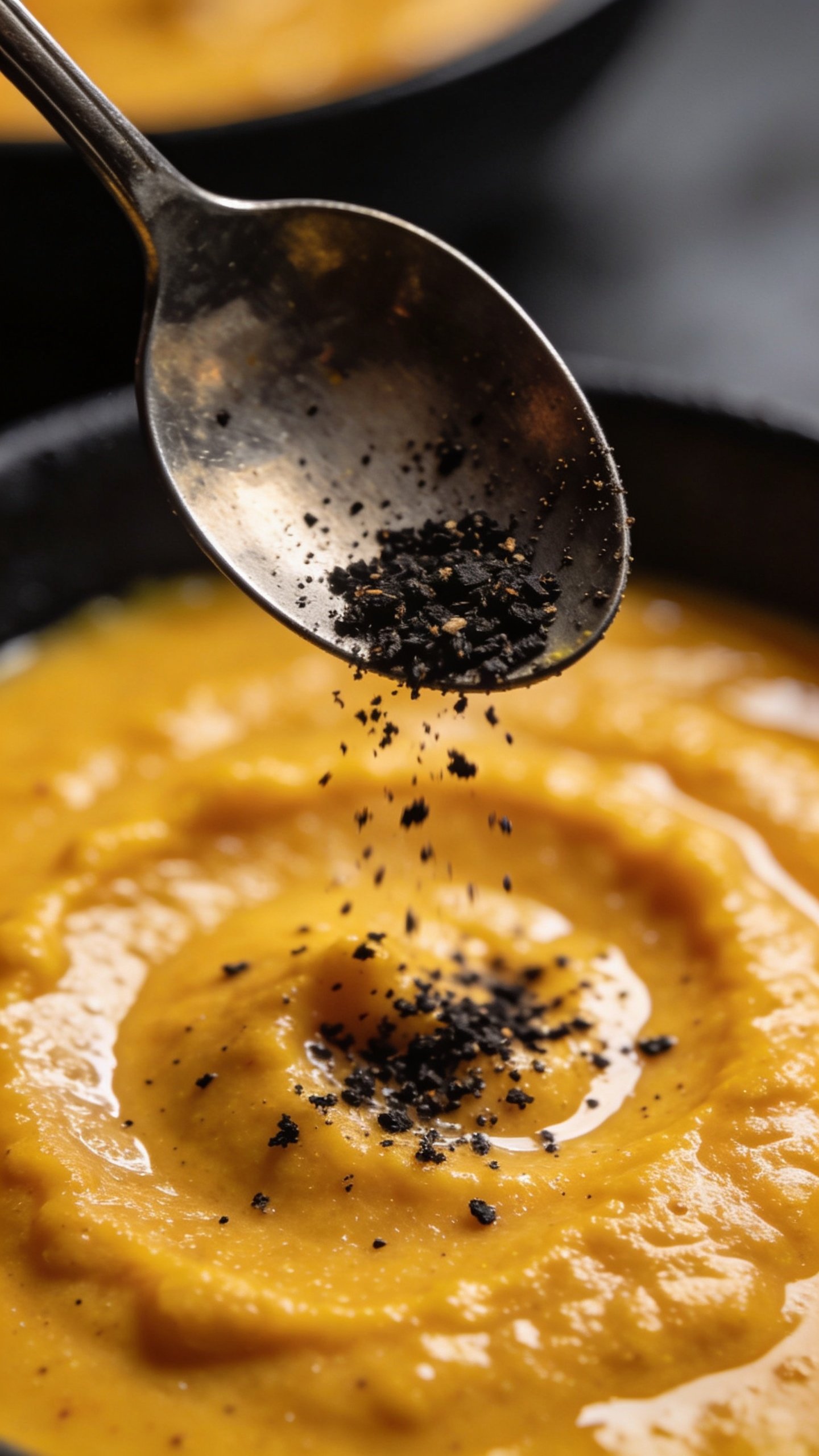 closeup of spoon sprinkling black pepper over turmeric smoothie