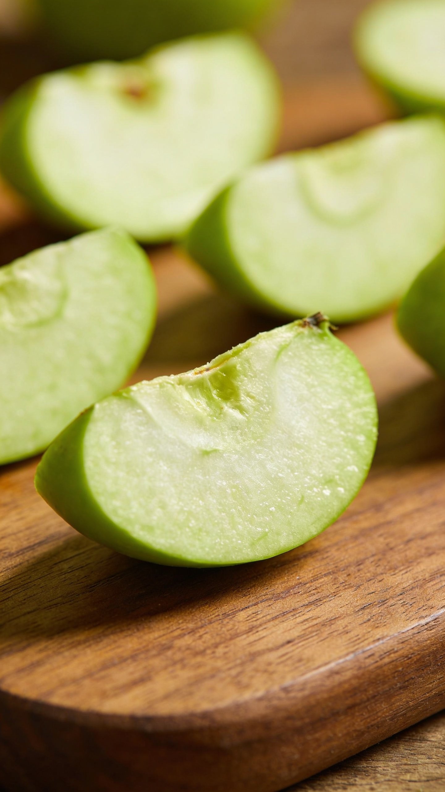 closeup of sliced green apple on wooden cutting board