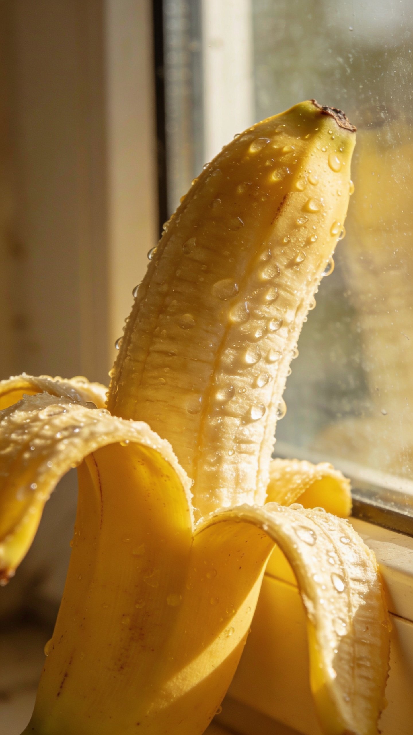 ripe banana with condensation beads against soft morning window light