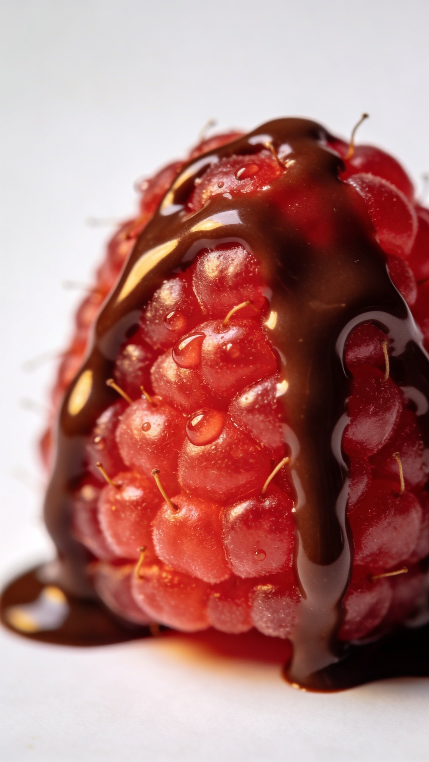 single ripe raspberry with chocolate drizzle, studio closeup