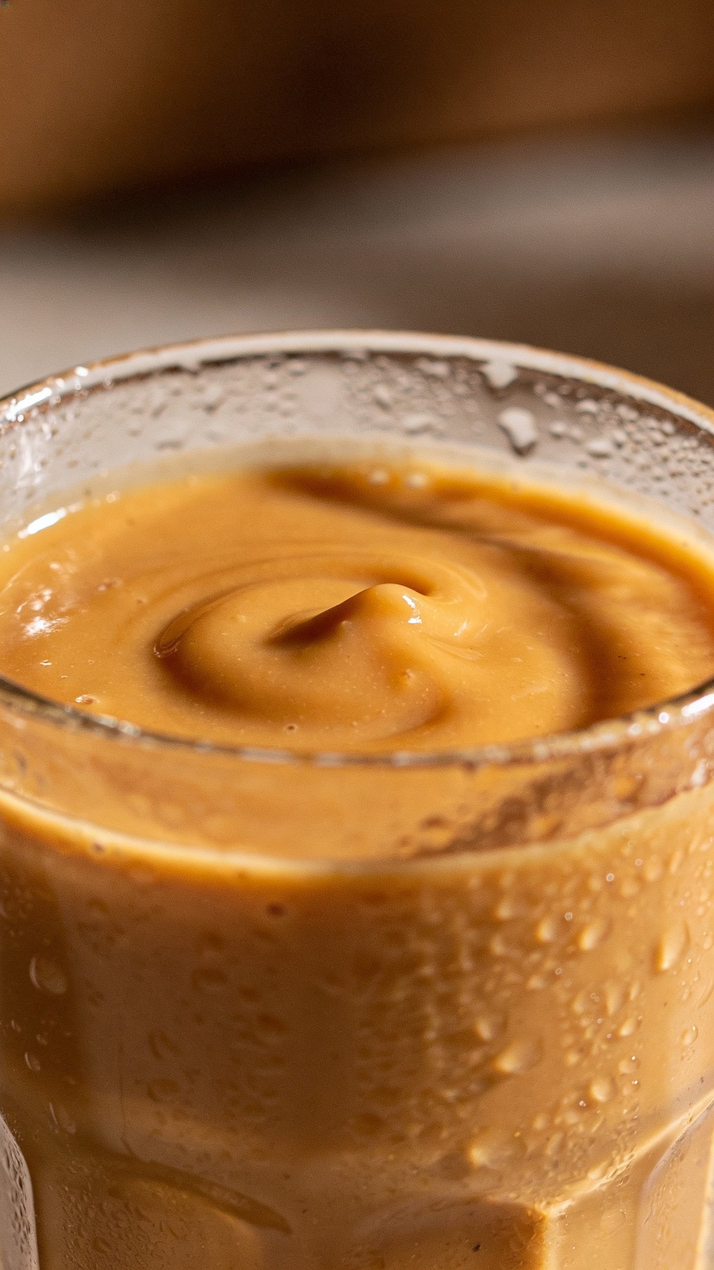 closeup salted caramel protein smoothie in clear glass, condensation