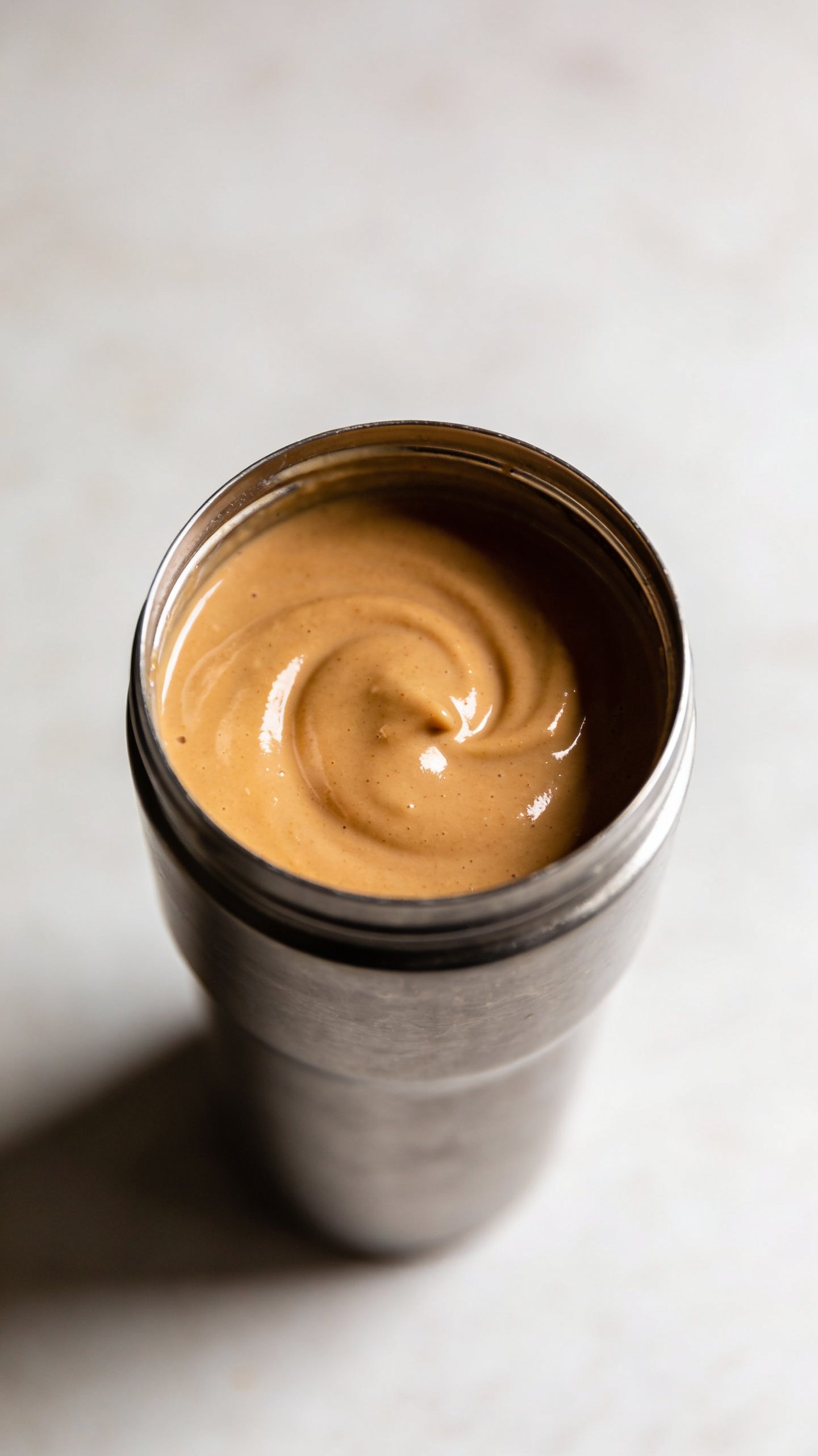 stainless blender cup with creamy salted caramel smoothie, top-down
