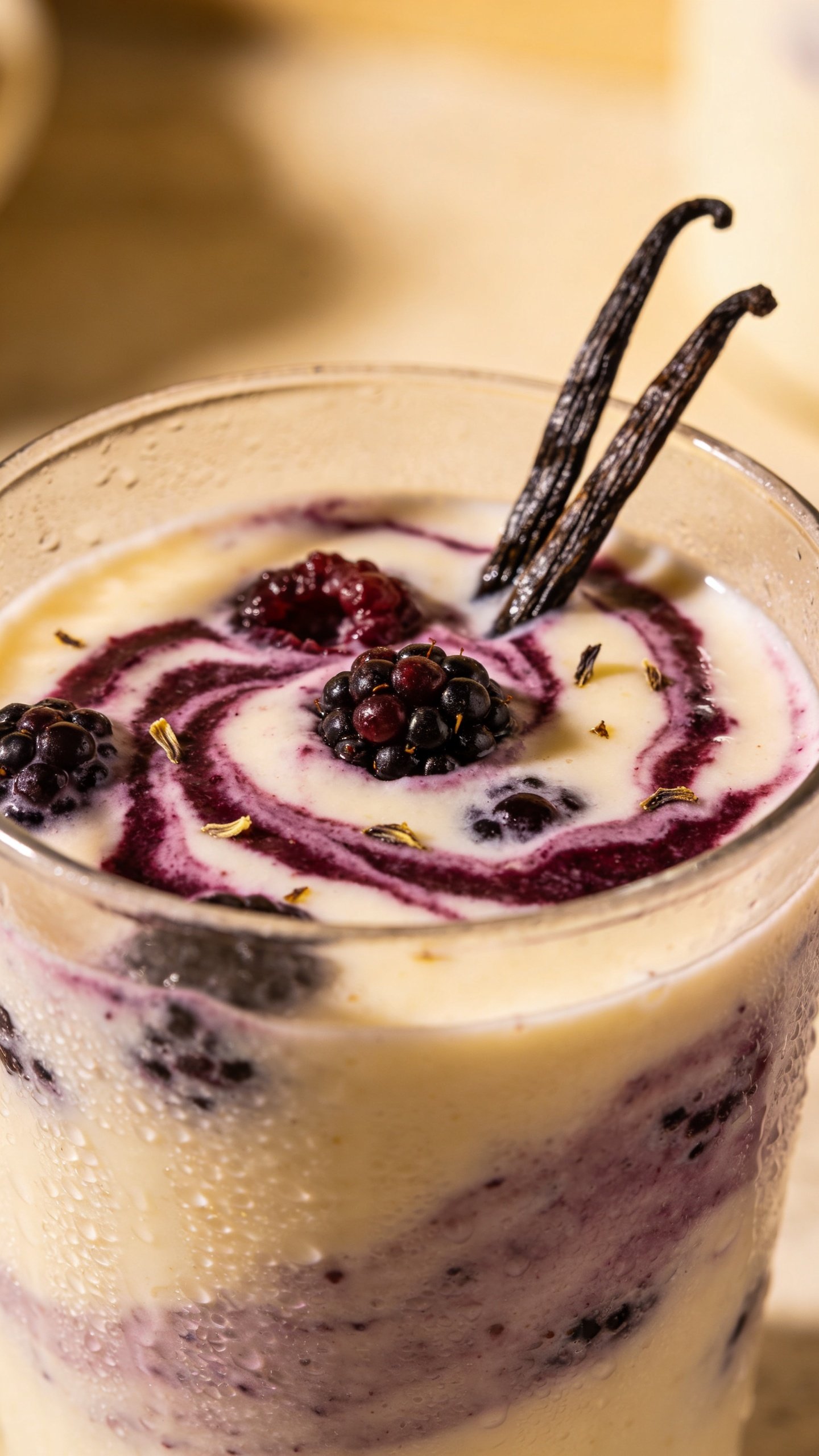 closeup vanilla berry smoothie in clear glass, soft morning light