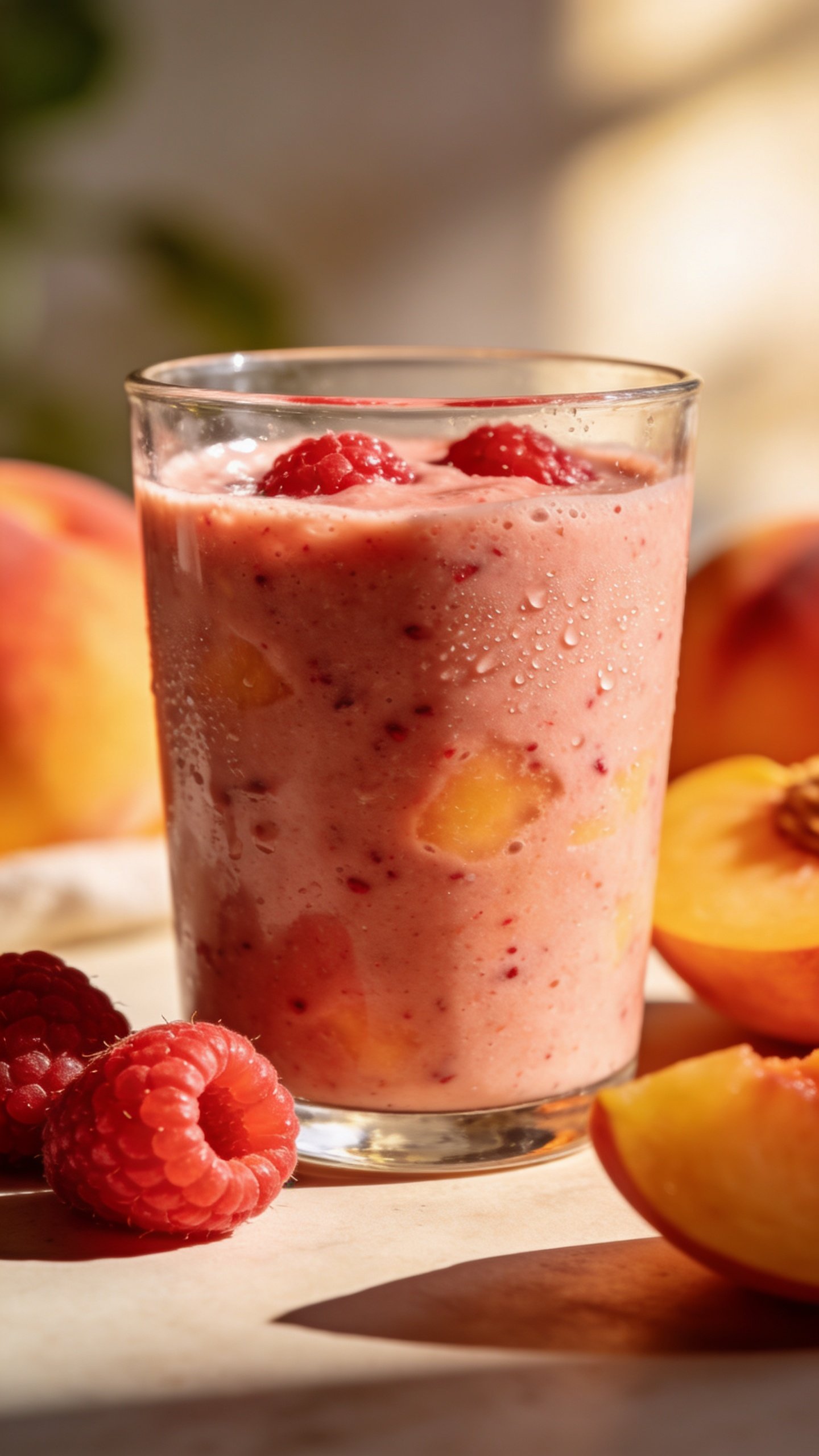 closeup raspberry peach breakfast smoothie in clear glass, soft morning light