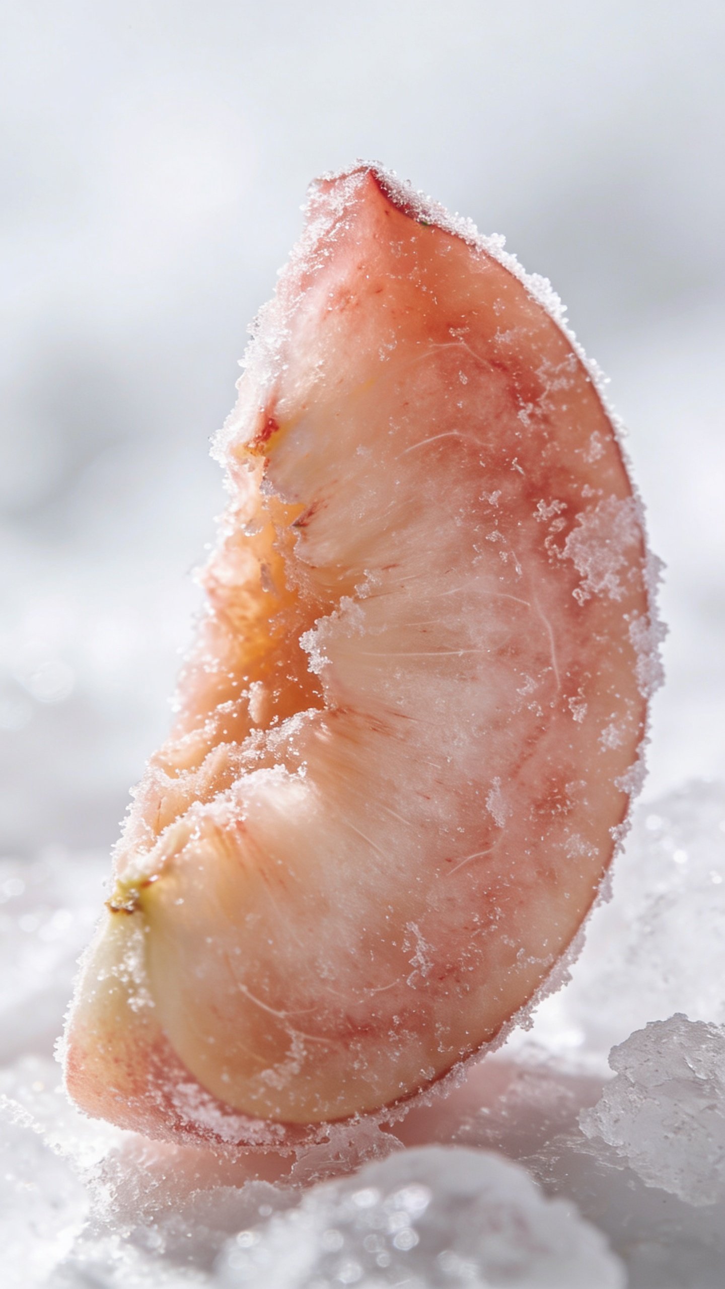 single frozen peach slice with frosty texture, high-key background